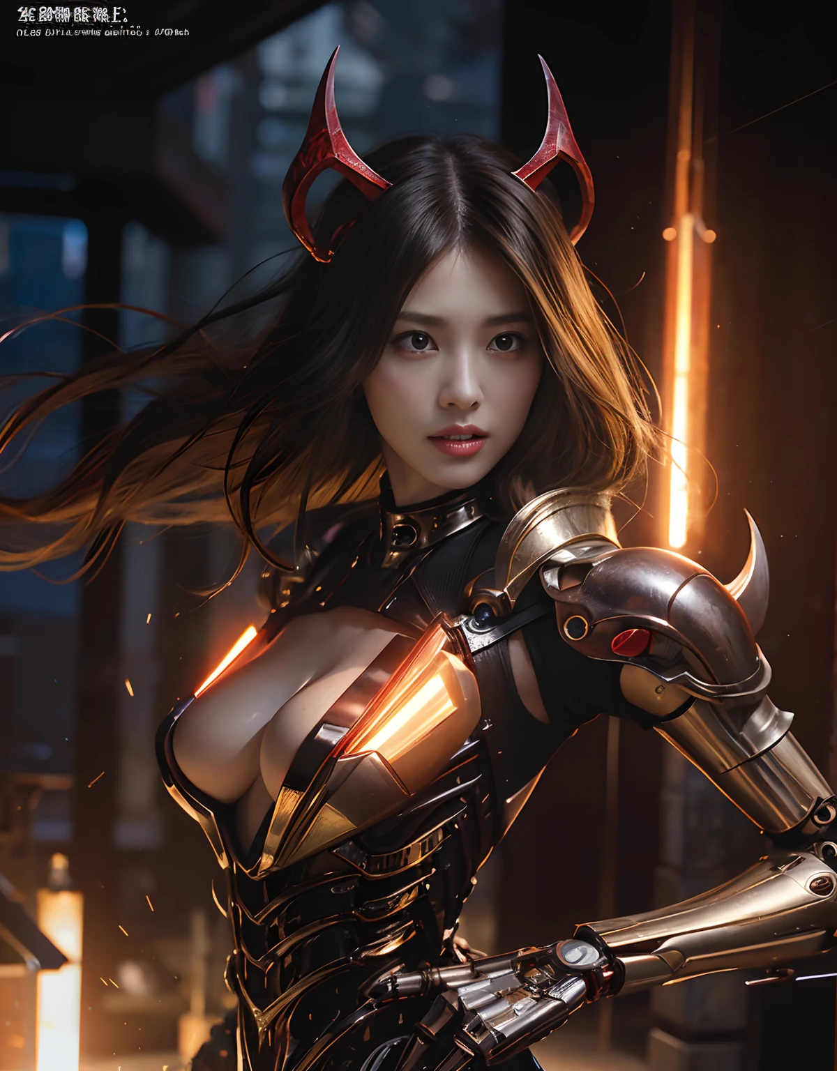 (Fierce battle with demonic beasts)、top-quality、masterpiece、超A high resolution、(Photorealsitic:1.4)、Raw photo、1人、Devil's Bodysuit、glowy skin、(((1 Mechanical Girl)))、With a beautiful knife、(Red Metal Bodysuit)、(Please wear a mechanical helmet)、(beautiful forest background)、Precipitous cliffs、(Small LED)、((super realistic details))、portlate、globalillumination、Shadow、octan render、(One-Eyed Scouter)、8K、ultrasharp、Colossal tits、Raw skin is exposed in cleavage、metals、Details of complex ornaments、Japan details、highly intricate detail、Realistic light、CGSoation Trends、Red Eyes、radiant eyes、Facing the camera、(Fierce battle with aliens)neon details、(Mechanical limbs)、(blood vessels connected to tubes)、Mechanical vertebrae attached to the back、mechanical cervical attaching to neck、(Wires and cables connecting to the head)、Gundam、Small LED、,Mechanical thighs、Toostock、(Hands are also made of machines)、(Please wear a mechanical helmet)、(Fierce battle with aliens)、