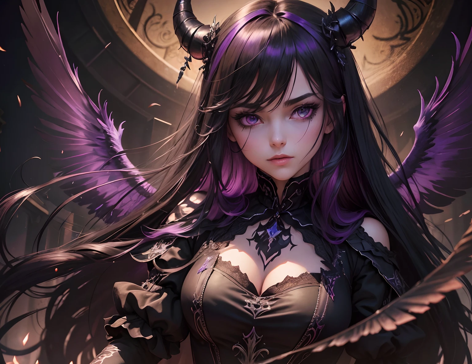 (dunkel,gotisch,beautiful,artistic),lila und schwarzes Kleid,long black hair with purple highlights,Detailed purple and black wings,black horns,durchdringende lila Augen,High-resolution 8K image,dark and mysterious background,Lebendige Farben,Unendliche Dunkelheit,somber atmosphere