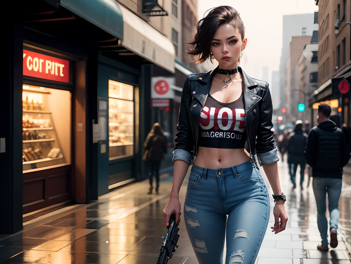 (masterpiece), best quality, high resolution, ultra-detailed, punk, skinny jeans, realistic, woman on the street with heavy gun