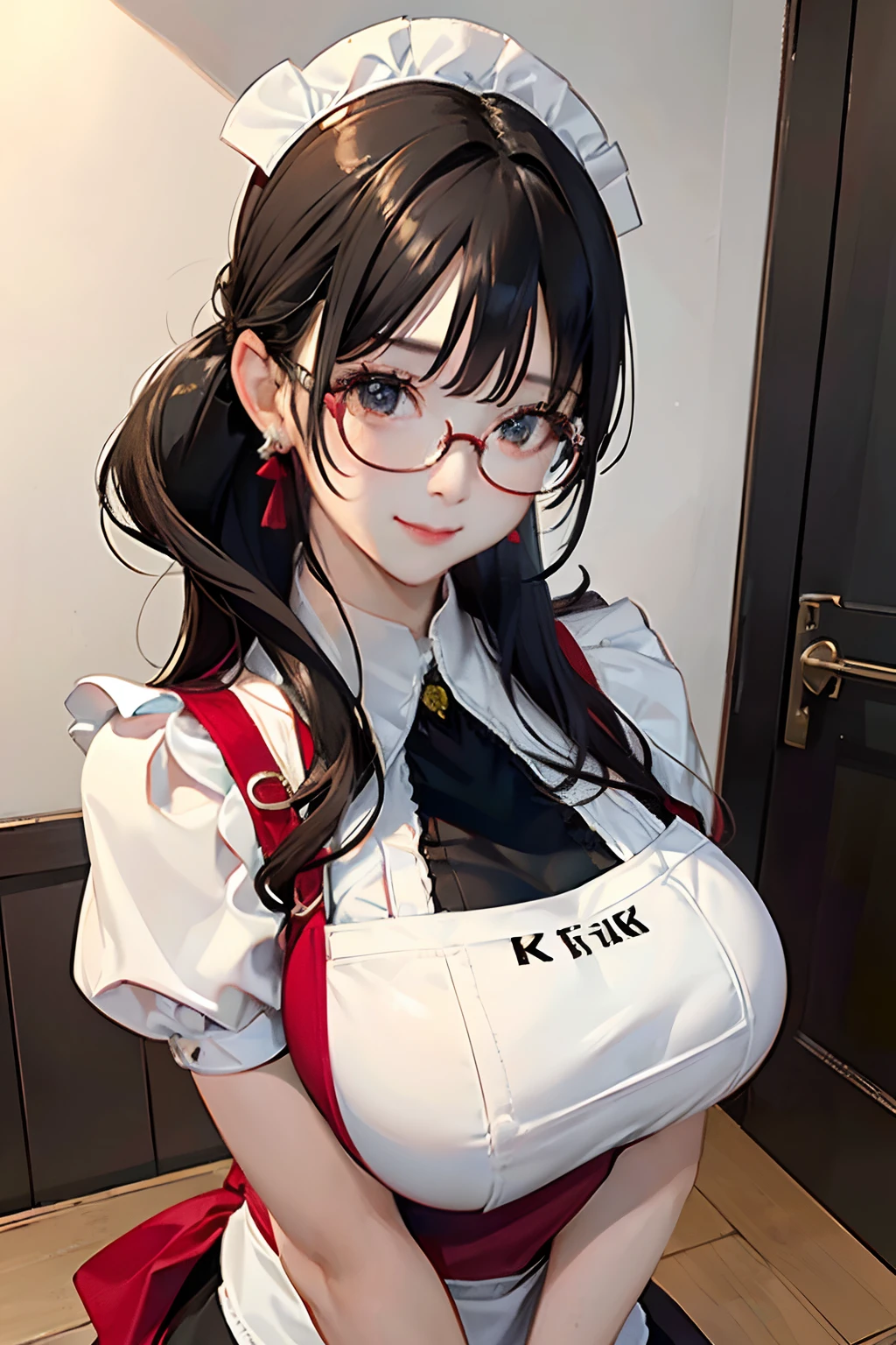 ((Best quality, 8k, Masterpiece :1.3)), Sharp focus :1.2, 1 girl,cute, Slender abs :1.1, (entirely red chest apron:1.4), ((huge breasts:1.6)), (black hair, Updo:1.4), (White blouse:1.4), black tight skirt, (smile:1.15),(closed mouth), Highly detailed face and skin texture, Detailed eyes, Twinkling Eyes, (Round Face:1.6), Three-Quarter Length, clothing reinforcement, cafe, glasses