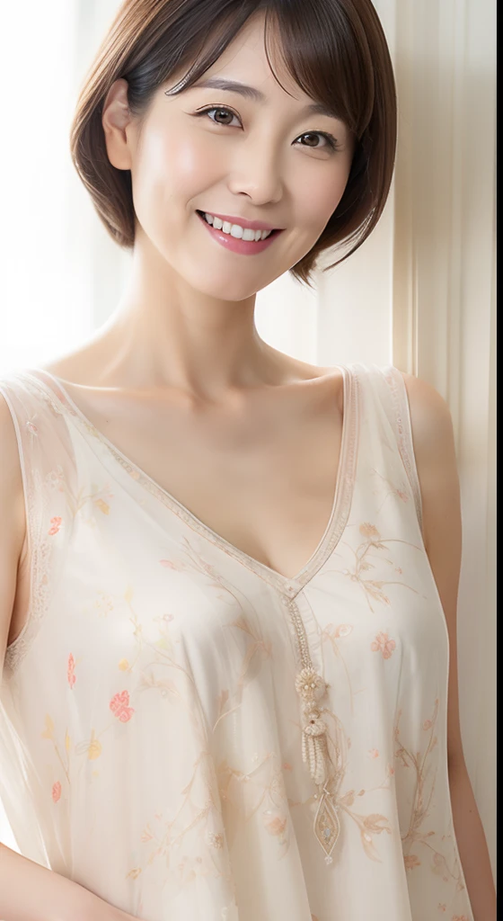Masterpiece,Best quality, (maam. clerk:1), ((Portrait:1.3)), Cross arms,Huge room,Chest straight,Tall, Smile,Crane-patterned deep V-neck ice silk suspender nightdress,Long white legs,Plain transparent sandals,skin hyper-detail,Clear pores,in a panoramic view,Cocked buttocks,No underwear,Beautiful young Japanese woman over 50 years old, Perfect face, Fantastic look, Detailed facial features, Clean and nice face,
