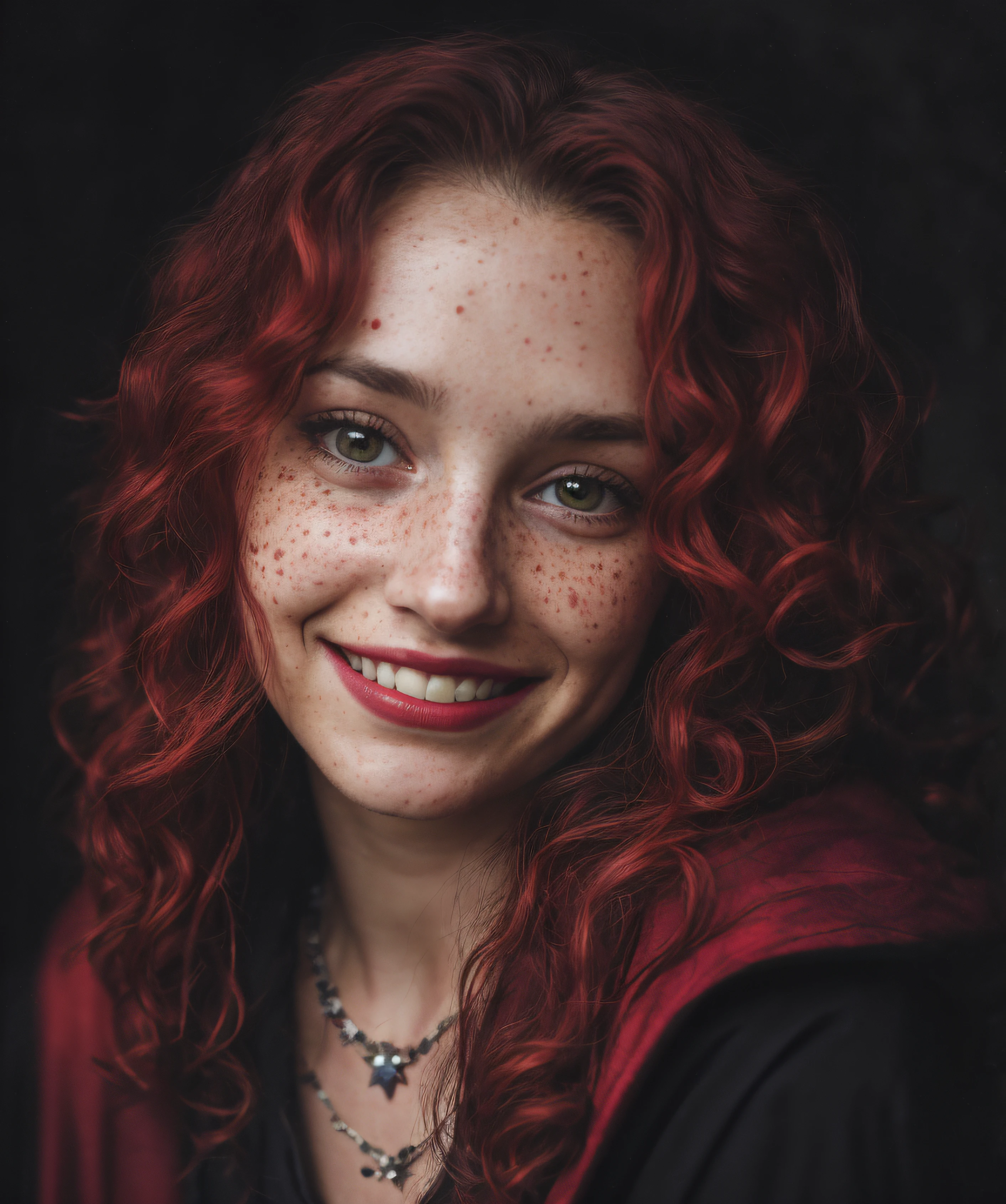 (close-up, editorial photograph of a 30 year old woman), (highly detailed face:1.4) (smile:0.7) (background inside dark, moody, private study:1.3) POV, by lee jeffries, nikon d850, film stock photograph ,4 kodak portra 400 ,camera f1.6 lens ,rich colors, hyper realistic ,lifelike texture, dramatic lighting , cinestill 800, wavy hair, messy hair, dreads, curls, mocking smile, evil smile, mischievous smile, red hair, freckles, green eyes, white skin, cloak made from the night sky, dark cloak, cloak with stars, jewels, necklace, thelema, scarlet woman, red aura, babalon, lilith, witchcraft, astral plane, goddess of night, red full moon