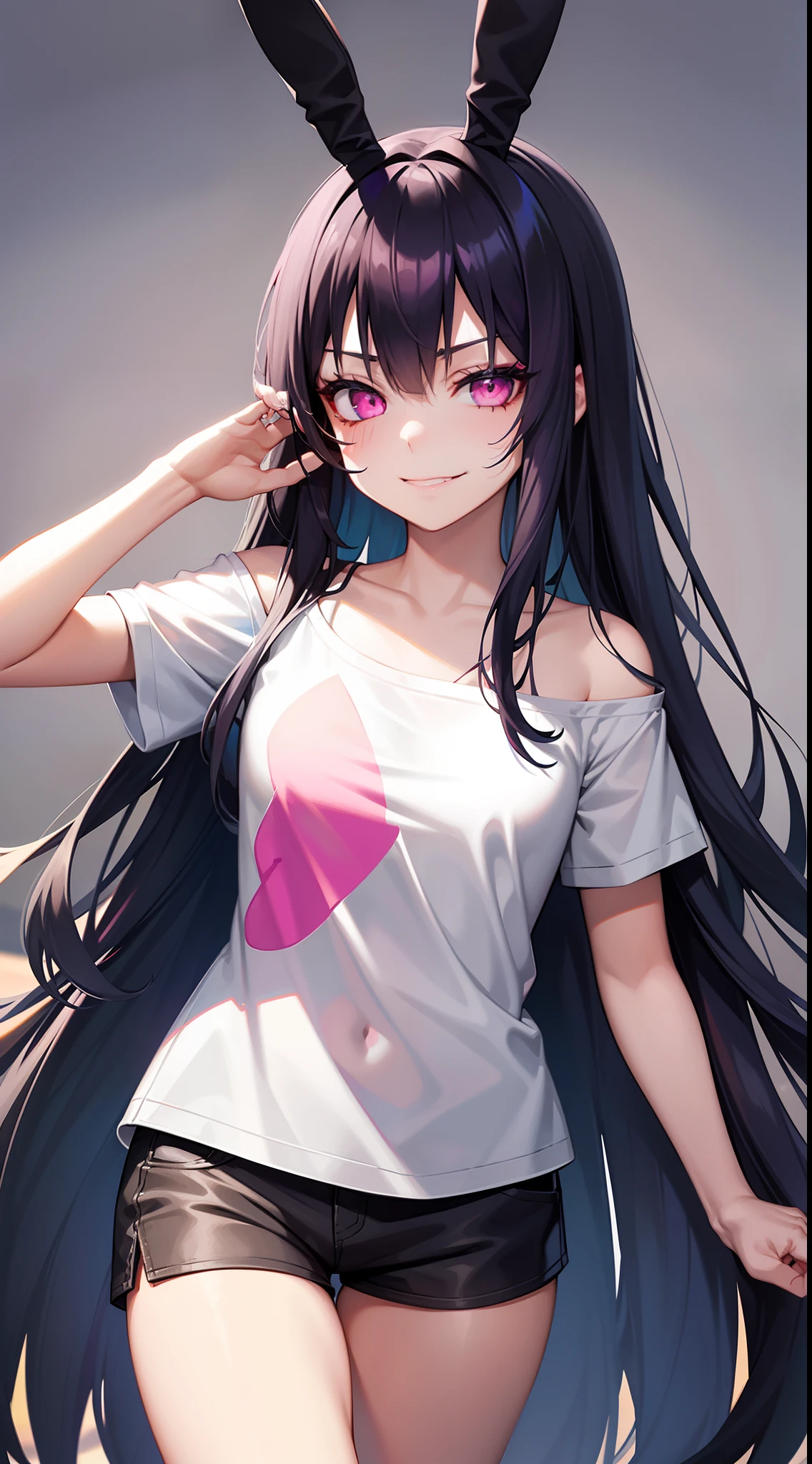 young girl, long dark blue hair, bunny ears, pink eyes, black lipstick, black eye shadow, smirk, tshirt, Short shorts, Masterpiece, hiquality, 4k, HD, Good detail