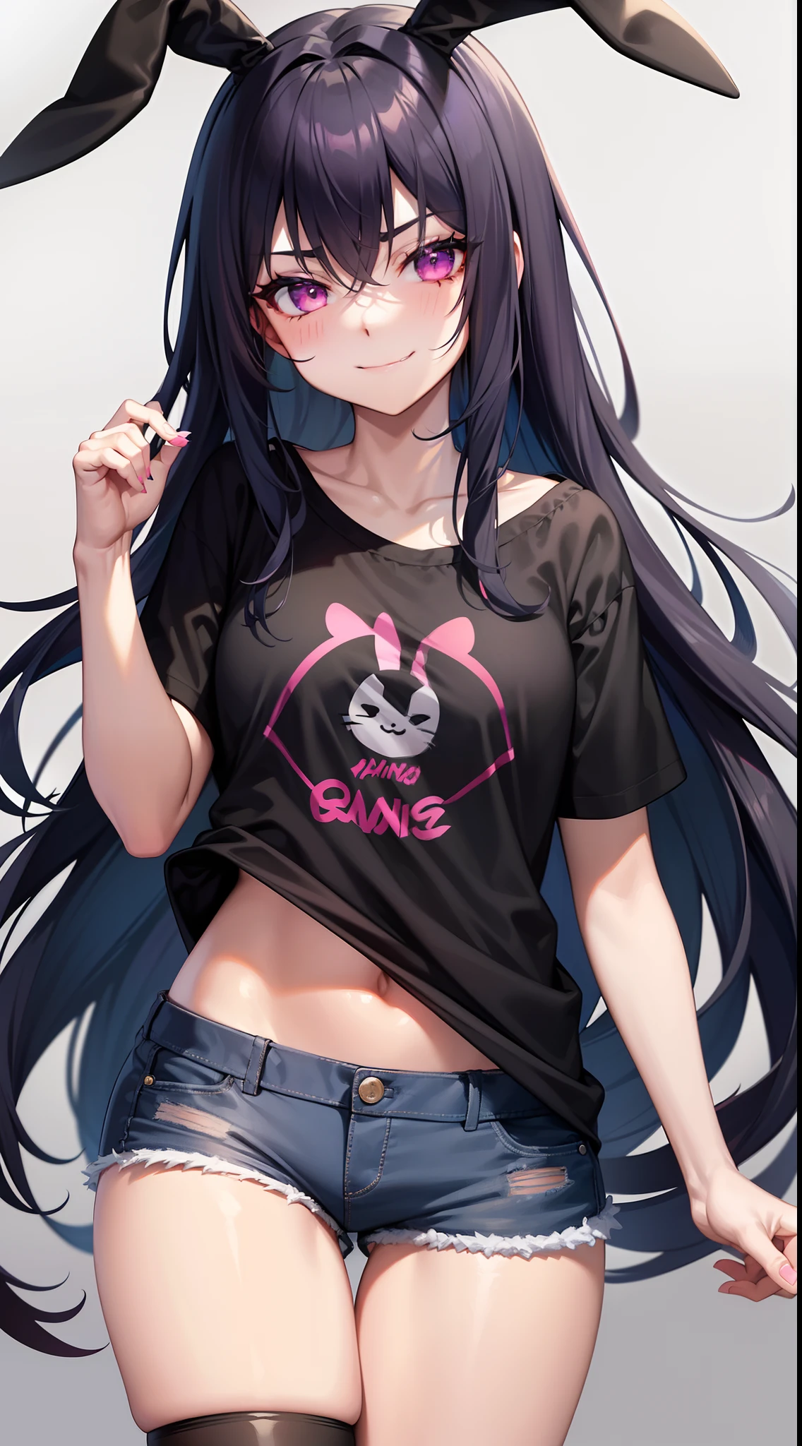 young girl, long dark blue hair, bunny ears, pink eyes, black lipstick, black eye shadow, smirk, tshirt, Short shorts, Masterpiece, hiquality, 4k, HD, Good detail