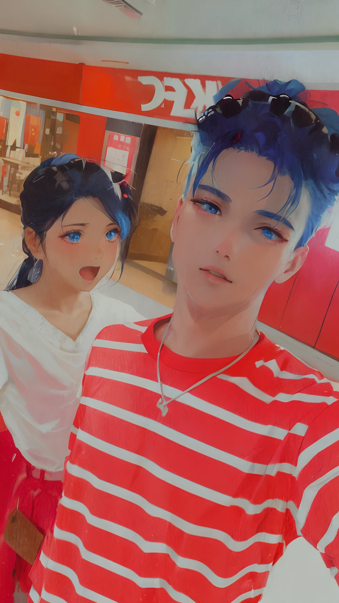 Boy straight black hair brown eyes giving a hand to his sister girl black hair tied up blue gradient background