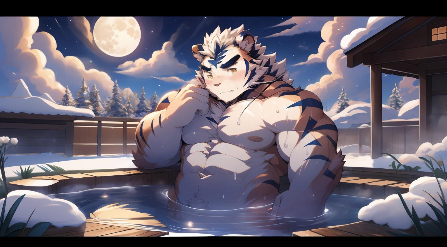 tmasterpiece，the night，Anthropomorphic tiger，male people，26 year old，Thick eyebrows，Yellow fur，Strong body，large pecs，bare full body，Pink milk clusters，White six-foot trousers，medium bulge，Soak in an open-air hot spring，vapour，sweat leggs，Mysterious Expression，looking toward the viewer，Golden pupils，Strong，A huge full moon in the sky，Auspicious clouds，Solo，frontage，Full body photo