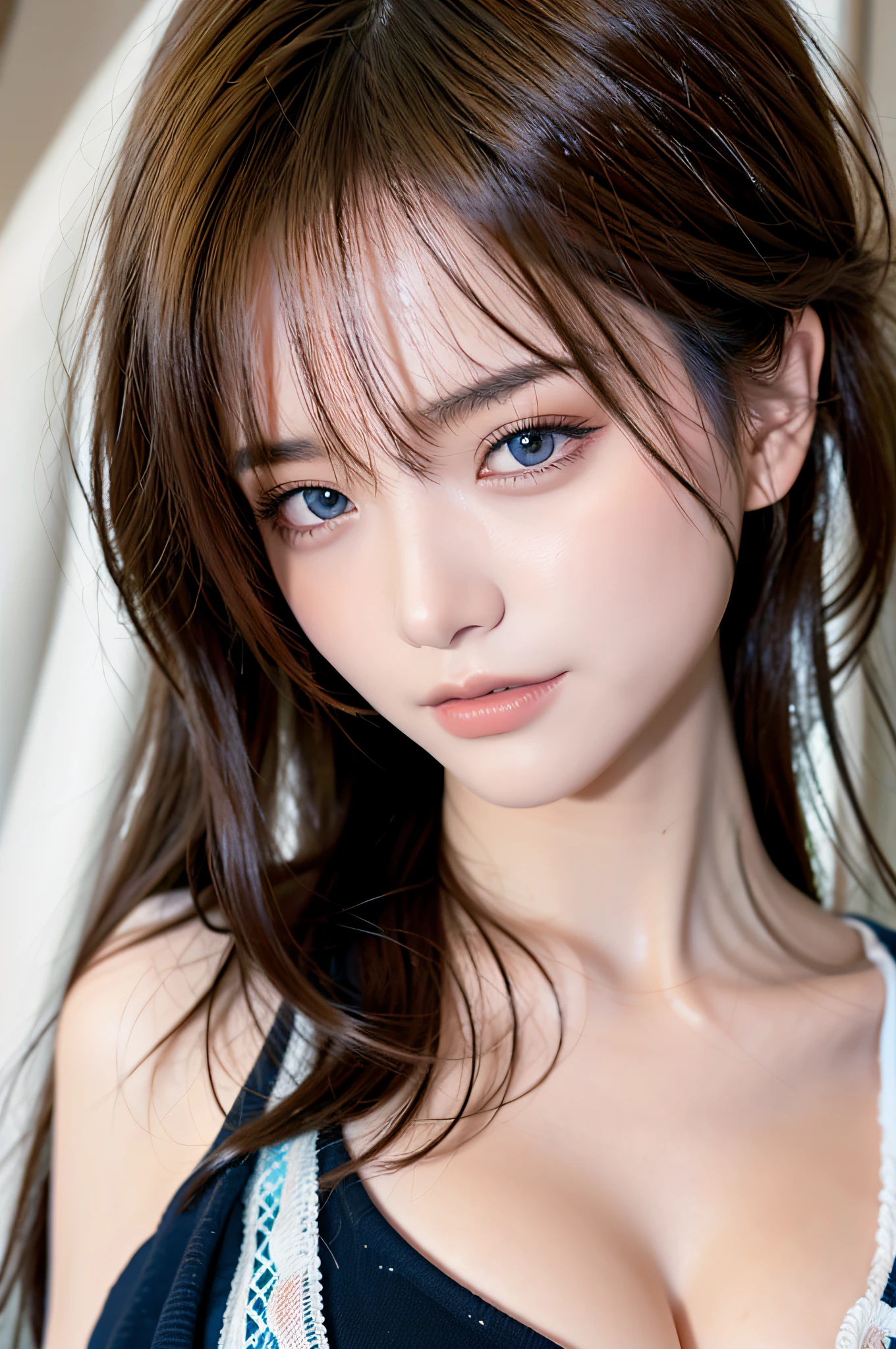 (highest quality、table top、8k、best image quality、Award-winning work)、no sleeve, (red eyeshadow:1.2)、perfect makeup、long eyelashes、Super high-definition sparkling eyes、ultra high definition hair、ultra high resolution glossy lips、Super high resolution perfect teeth、Super high resolution cute face、brown hair、(very short straight hair:1.1)、look at me and smile、[clavicle]、accurate anatomy、With bangs、Super high resolutio n glowing skin、most detailed face、Ultra high resolution detailed faces、ultra high resolution hair、Fashion model 25 years old, [[[[chest]]]], [[[[neck]]], [shoulders]]]]], Perfect eyes, Perfect iris, Perfect lips, Perfect teeth, Perfect skin, Soft front light, Glow, HDR, (Soft color: 1.2), Best quality, masterpiece, ultra high res, (photorealistic:1.37), raw photo, 1girl, long hair, beautifull eyes, beautifull face, detailed eyes and face, t-shirt, dynamic lighting, in the dark, table top, highest quality, realistic, Super detailed, finely, High resolution, 8k wallpaper, 1 beautiful woman, light brown messy hair, Realistic, High Resolution, [[[ Only one girl ]]]], Wavy black hair, Blue eyes, Stylish tank top, full body, Big breasts, Cleavage, Sitting on chair, Pose random, 8K, Very detailed, High Resolution, Facing camera ( One woman), One woman, (Very realistic, High Resolution), ( Very Detailed Eyes, Very Detailed Hair, Very Detailed Face, Very Detailed Plump Lips), (Breast Open Off Shoulder), Breasts, Upper Body, Affectionate Smile, Golden Hair, (Top Quality: 1. 4), Raw Photo, (Realistic, Photorealistic: 1.37), nsfw,Highest Quality, Highest image quality, RAW Photos, Realistic, Photorealsitic, ultra detailed and beautiful, highest details, 1young girls, good-looking, Beautiful fair skin and luster, Beautiful eyes are big and bright, Small mouth and thin lips,