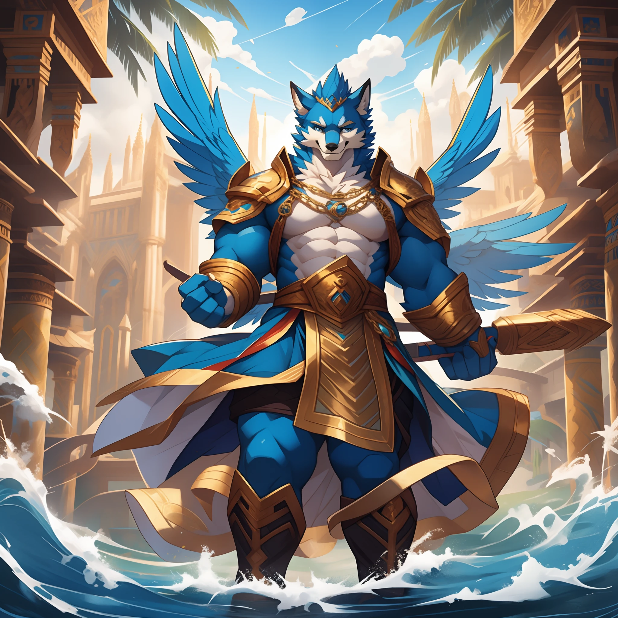 anthropomorphic Kingfisher that is the angel of protection and strength, brilliantly colored blue and gold feathers, best quality, masterpiece