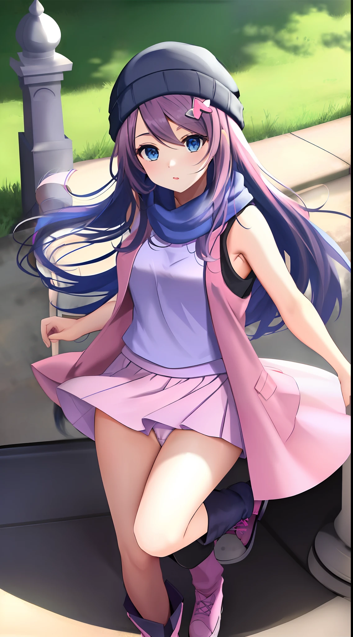 (masterpiece), long hair, dark-blue hair, blue eyes, beanie, sleeveless shirt, pink scarf, pink skirt, pink boots, hair ornament, from above, spread legs, white panties, cameltoe,upskirt,