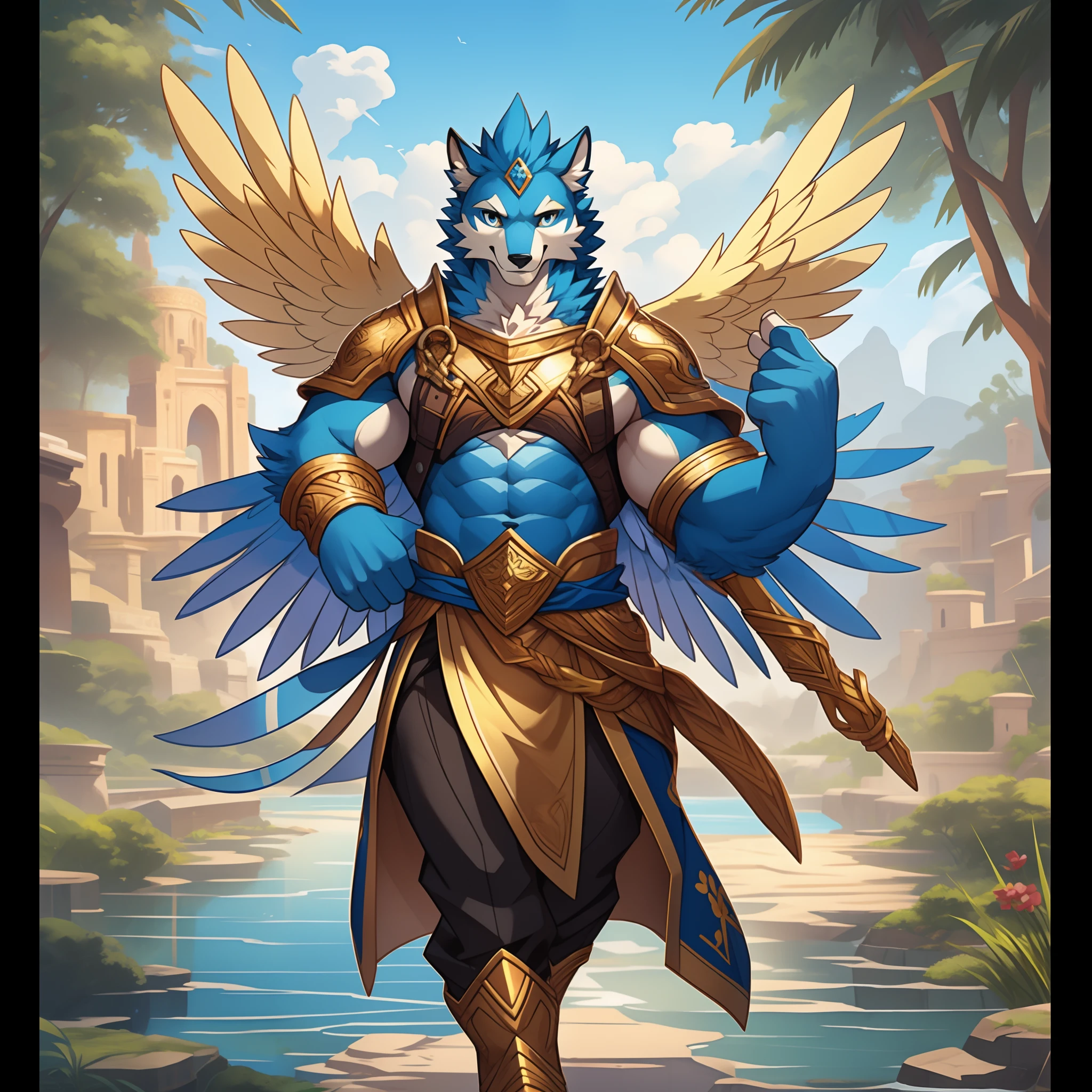 anthropomorphic Kingfisher that is the angel of protection and strength, brilliantly colored blue and gold feathers, best quality, masterpiece