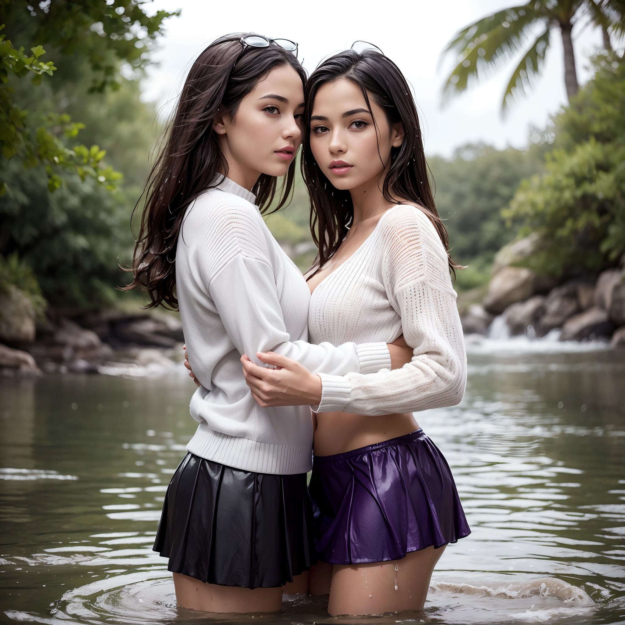 Two women embracing in water, bodies pressed together, ((lips touching)), romantic, lively, in water up to their chests, masterpiece, best quality, highres, hmsl1, hair flower, x hair ornament, white sweater, purple jacket, flower, long sleeves, open clothes, black bow, sleeves past wrists, skirt, standing,  soaked,  drenched, ((wet clothes)), ((partially clothed)), splashing, dripping wet