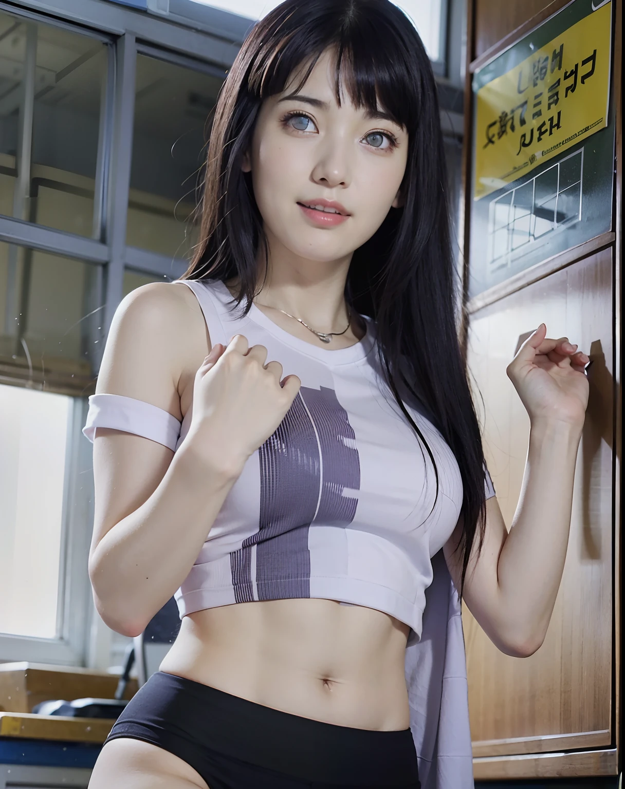 best quality, face focus, soft light, (depth of field) ,ultra high res, (photorealistic:1.4), RAW photo,
(upper thigh:1.4), (from front), overcast
1japanese girl, solo, cute, (25 years old), (smile:1.1), (brown eyes), detailed beautiful face, (midi_hair,updo),
class room, in front of blackboard, put hand on the podium, textbook, teacher, talking
sports hall