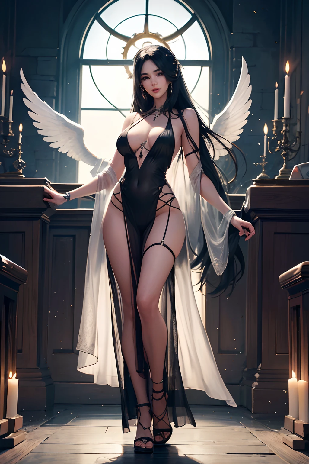 An girl with a graceful figure, beautiful anime portrait, around her, super delicate, in line with common sense.
masterpiece, high quality best quality, 2girl, Megan Fox as a sexy catholic woman. Religious. Holy crosses.Crosses. she is wearing a sluty conservative catholic girl  uniform. Lingerie, nightgown,  silky sotckings. She is crying and scared. The second girl is Kim Kardashian is on the catholic cross in the background. Angel wings, halo, soft feelings.
Religion tattoos.  Bright wild eyes
Strong bimbo body. Heavy makeup.
Dynamic lighting. Dramatic angle.
8k, masterpiece, RAW photo, best quality, photorealistic, extremely detailed, messy background.  The devil is behind her. 8k wallpaper, Depth of field, Cinematic Light, Lens Flare, Ray tracing, (extremely beautiful face, beautiful lips, beautiful eyes), intricate detail face, ((ultra detailed skin)) dark, deep shadow, pretty,(very slim slender fit-muscled body:1.3), ((looking at viewer)),(big smile:1.3), (church), (religious), pretty girl, earrings, bracelets, necklace, clear eyes, pov , front shot, (pale skin), (big eyes), ((full body shot)), ((see-through color sleep gown:1.3)), (looking at viewer:1.3), (laced panty), open breast, large soft breasts, have a sheen , (See through, sleeping gown :1.3)
Michelangelo art sytle.style.
Large angel winds. Large detailed halo. She is smiling with big lips. Crosses everywhere. Vagina is dripping. She is happy.