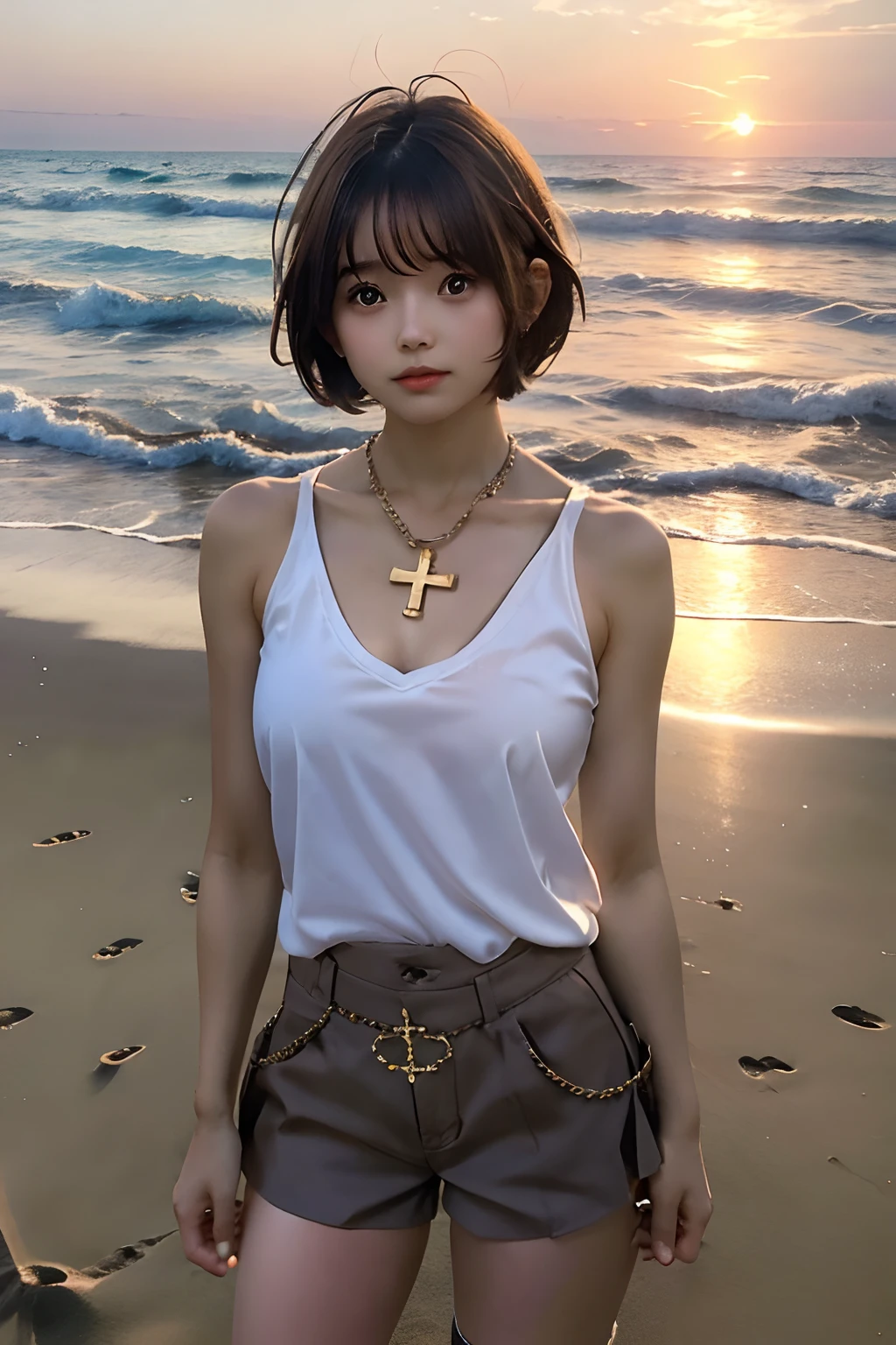 schoolgirls, Naked upper body, Wear shorts, The cripple wears a cross chain, Sunset background, On the beach, Short hair, Light brown hair.