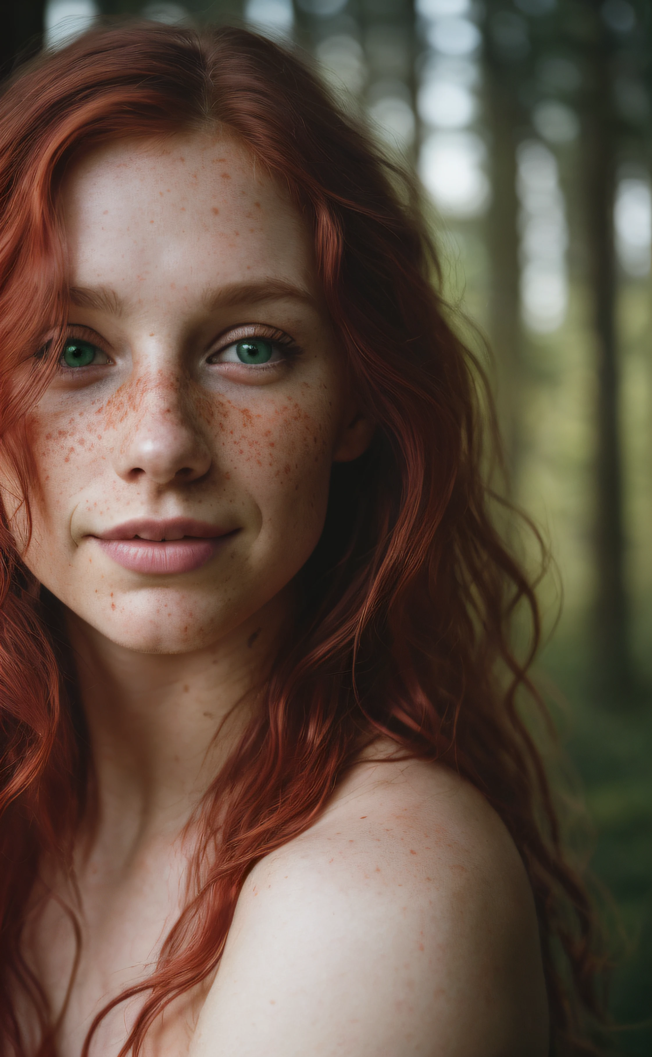 (close-up, editorial photograph of a 30 year old woman), (highly detailed face:1.4) (smile:0.7) (background inside dark, moody, private study:1.3) POV, by lee jeffries, nikon d850, film stock photograph ,4 kodak portra 400 ,camera f1.6 lens ,rich colors, hyper realistic ,lifelike texture, dramatic lighting , cinestill 800, wavy hair, messy hair, red hair, freckles, green eyes, white skin, viking hair, nordic tatto, forest, daylight, athletic body, mischievous smile, perfect, master piece, high details, witchcraft, goddess, astral plane, full nude