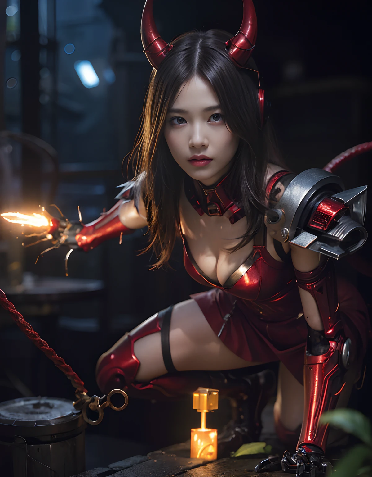 (Fierce battle with demonic beasts)、top-quality、masterpiece、超A high resolution、(Photorealsitic:1.4)、Raw photo、1人、Devil's Bodysuit、glowy skin、(((1 Mechanical Girl)))、With a beautiful knife、(Red Metal Bodysuit)、(Please wear a mechanical helmet)、(beautiful forest background)、Precipitous cliffs、(Small LED)、((super realistic details))、portlate、globalillumination、Shadow、octan render、(One-Eyed Scouter)、8K、ultrasharp、Colossal tits、Raw skin is exposed in cleavage、metals、Details of complex ornaments、Japan details、highly intricate detail、Realistic light、CGSoation Trends、Red Eyes、radiant eyes、Facing the camera、(Fierce battle with aliens)neon details、(Mechanical limbs)、(blood vessels connected to tubes)、Mechanical vertebrae attached to the back、mechanical cervical attaching to neck、(Wires and cables connecting to the head)、Gundam、Small LED、,Mechanical thighs、Toostock、(Hands are also made of machines)、(Please wear a mechanical helmet)、(Fierce battle with aliens)、