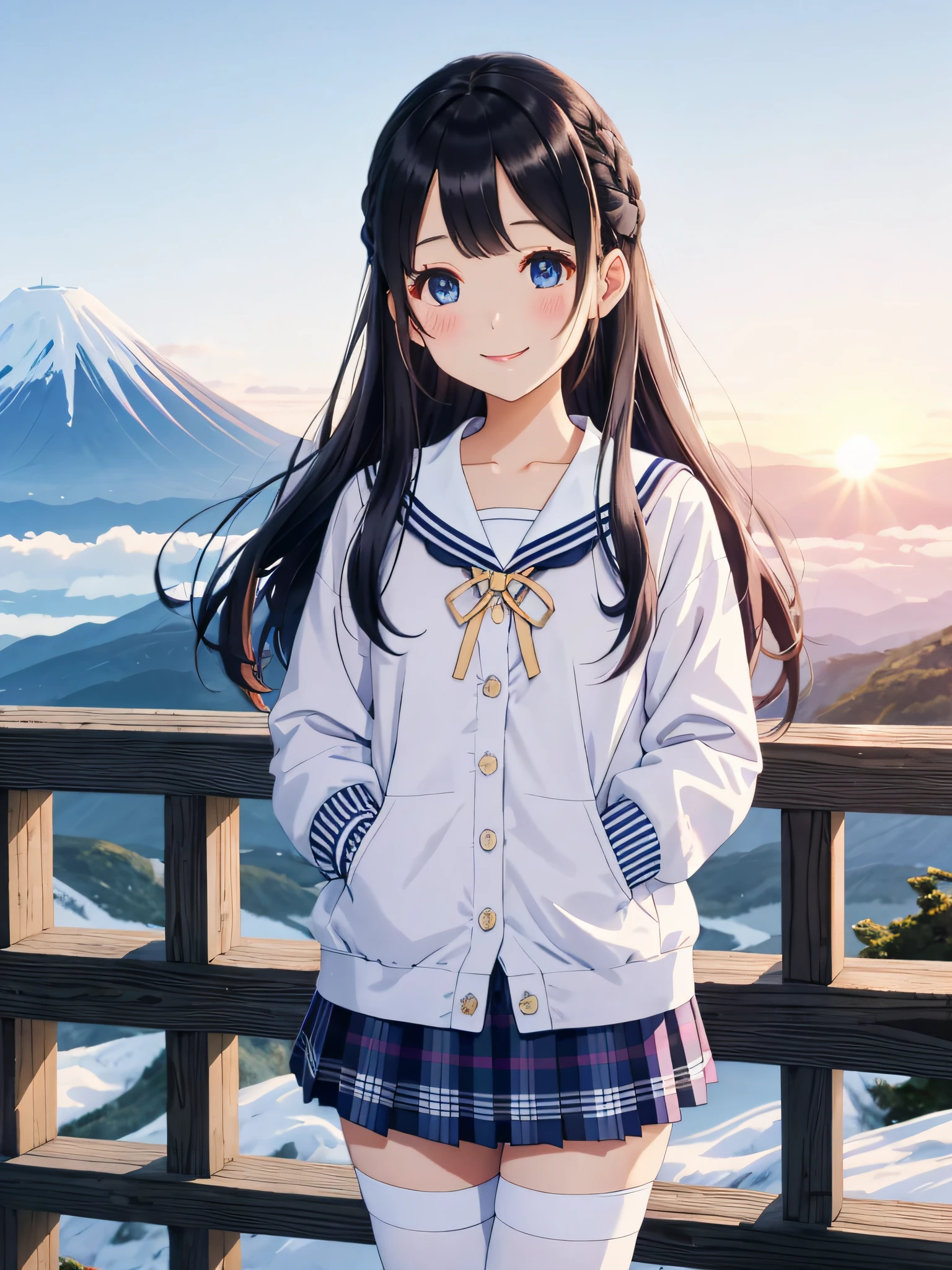 hightquality、Detailed background、Three Beautiful Girls、kawaii hair style、Cute hair colors、Cute colored sailor suit、white sailor collar、Cute plaid pleated skirt、Cute colored school cardigan、Stockings in bright colors、Winter Mountains、From the summit of Mt. Fuji、the setting sun、early evening、Smiling、pantie shot