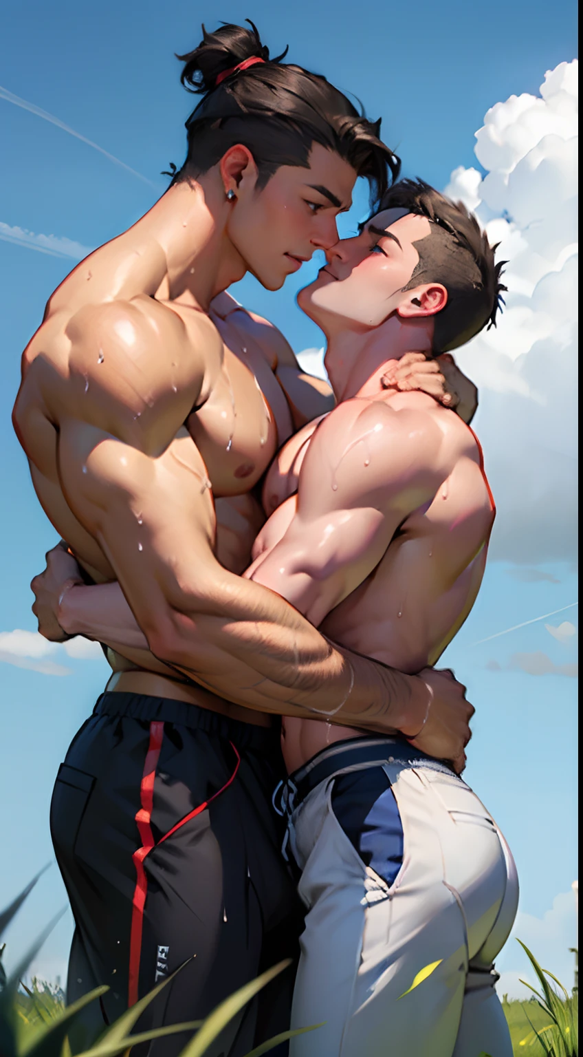 2boys kissing,, masterpiece, best quality, shirtless slim lean  boys young adults in a grassy field with blue sky and clouds. The men are muscular lean slim and well built, with shiny bodies and defined muscles. The men are wearing pant which have intricate motifs. The men are wearing a single earring, and dripping wet and soggy in sun. Loving love pose, sexy expression. Non NSFW. Safe for work.