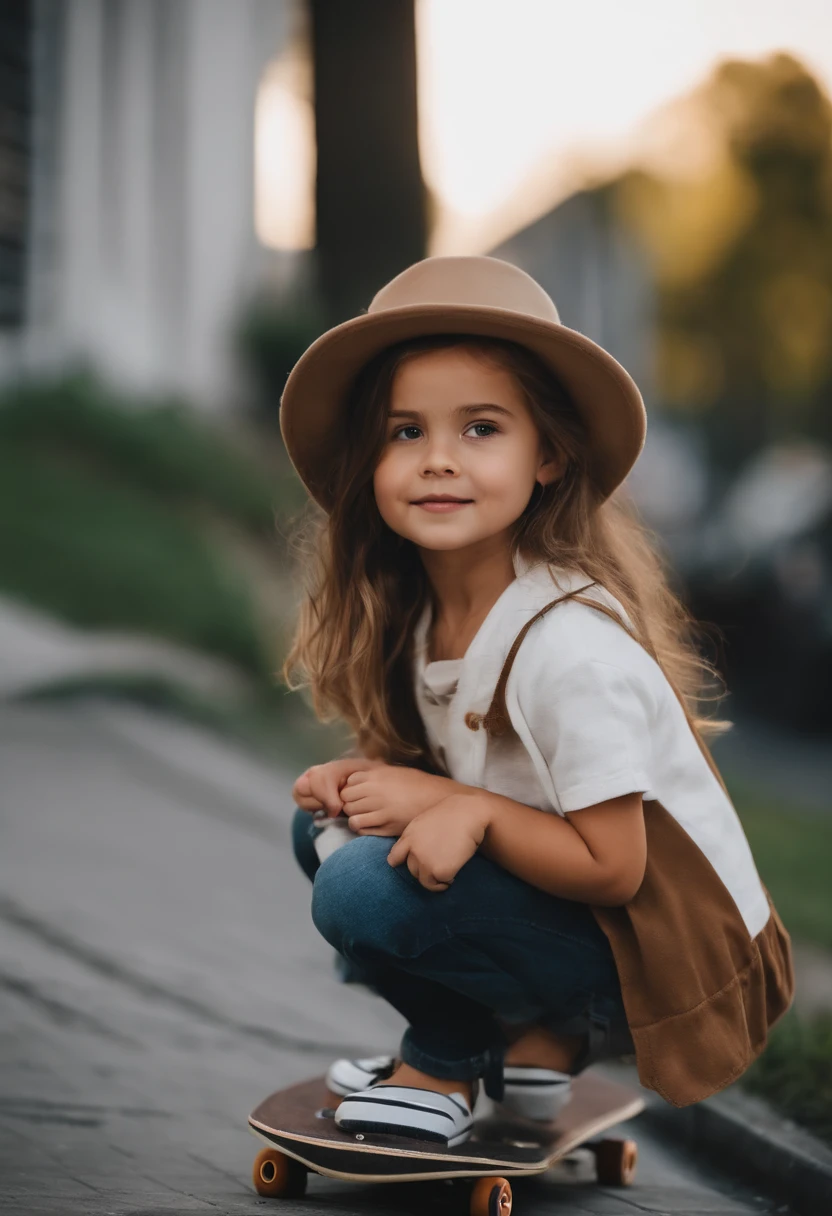 There is a young girl standing on a skateboard on the street, katelynn mini cute style, She is seen wearing streetwear pieces, toddlers, kiddy big breasts, dressed with long fluent clothes, child, cropped shirt with jacket, Female explorer mini cute girl, kid, inspo, Jacket, Very cute and childlike, Cute young girl, cute huge pockets, young and cute girl