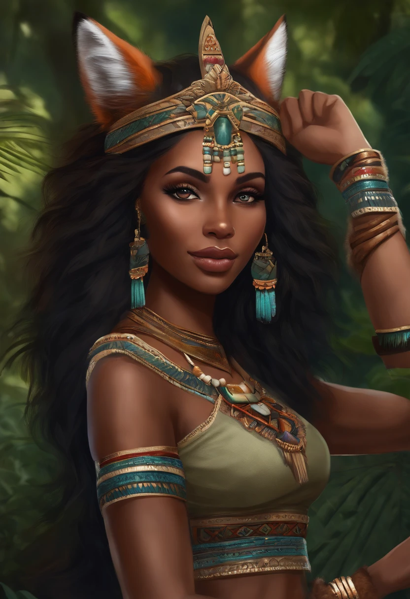 beautiful busty African woman, Lionskin cloak, detailed face, detailed eyes, detailed lips, long eyelashes, beautiful skin, elegant pose, tribal jewelry, outdoor forest environment, sunlight, warm colors, cinematic lighting, highly detailed, 8k, photorealistic, intricate textures, masterpiece