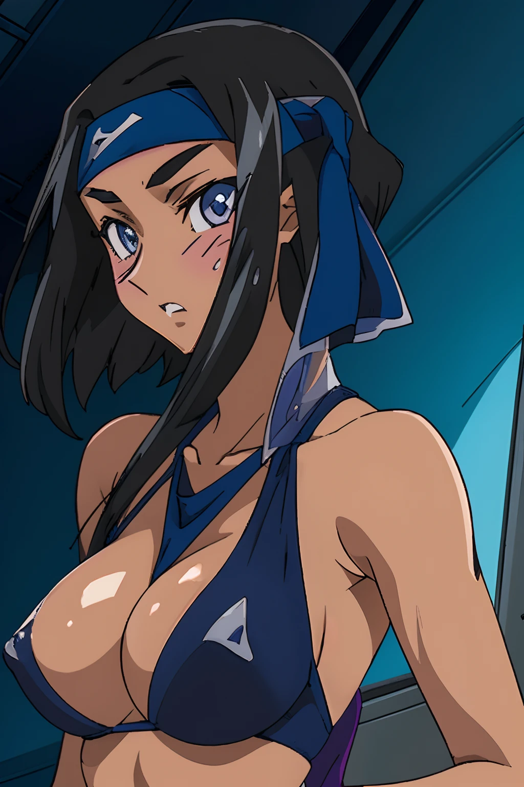 1girl, Makoto_VIPER, ((Code Geass style)), short hair, black hair, dark-blue eyes, ((wide blue bandana)), large brests, ((see-through swimware:1.2)), (erect nipples), upper body, face focus, front view, from front,