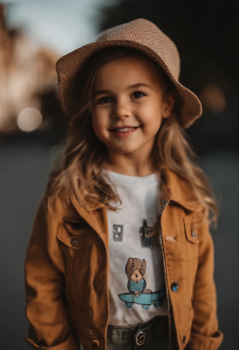 There is a young girl standing on a skateboard on the street, katelynn mini cute style, She is seen wearing streetwear pieces, ddlers, kiddy big breasts, dressed with long fluent clothes, child, cropped shirt with jacket, Female explorer mini cute girl, kid, inspo, Jacket, Very cute and childlike, Cute young girl, cute huge pockets, young and cute girl