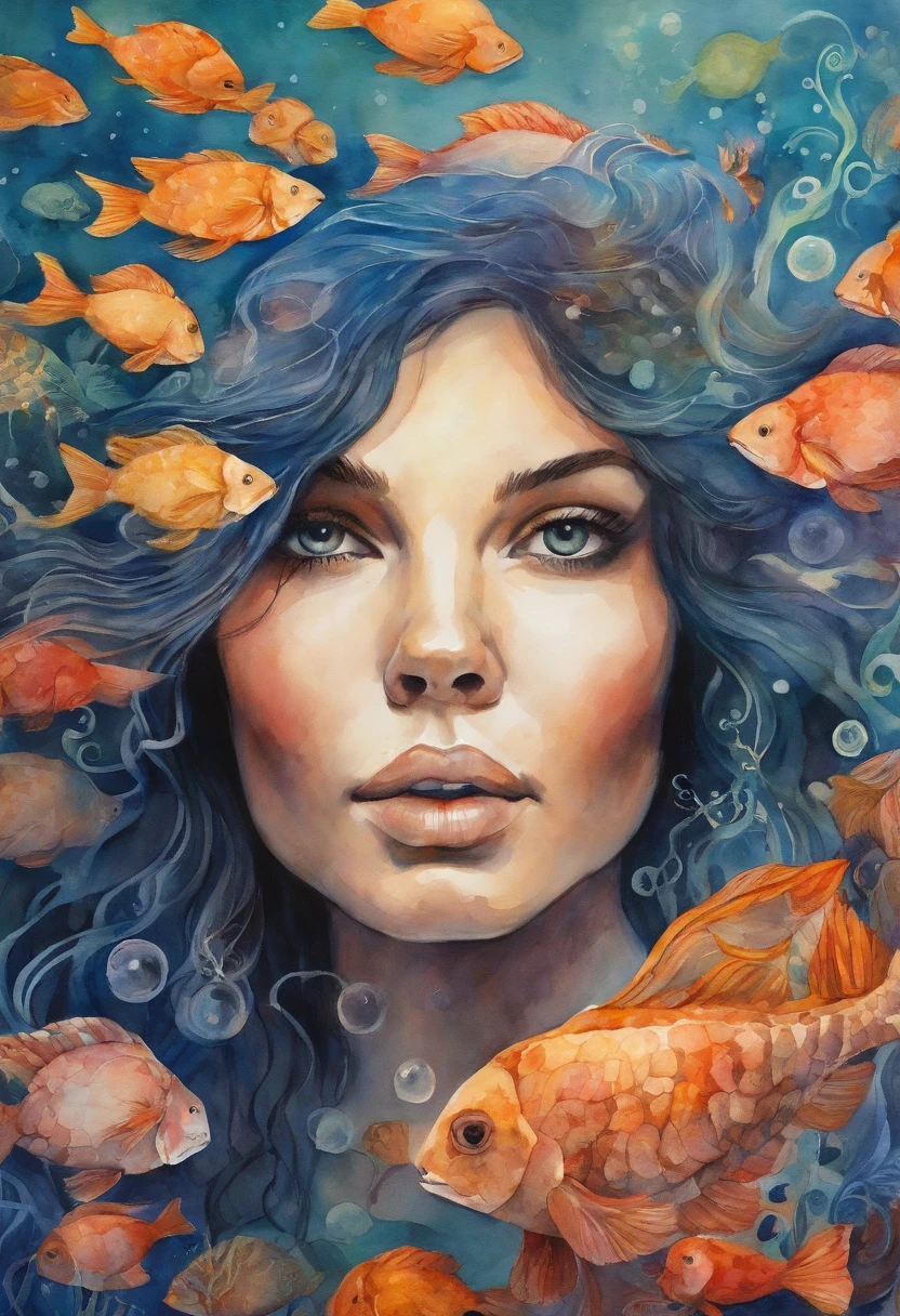 ((masterpiece,best quality)),(negative space:1.2),(1girl, solo:1.4),beautiful detailed eyes,floating hair, underwater, bubble, fish, (jellyfish), fluorescence,sea turtle, seaweed,