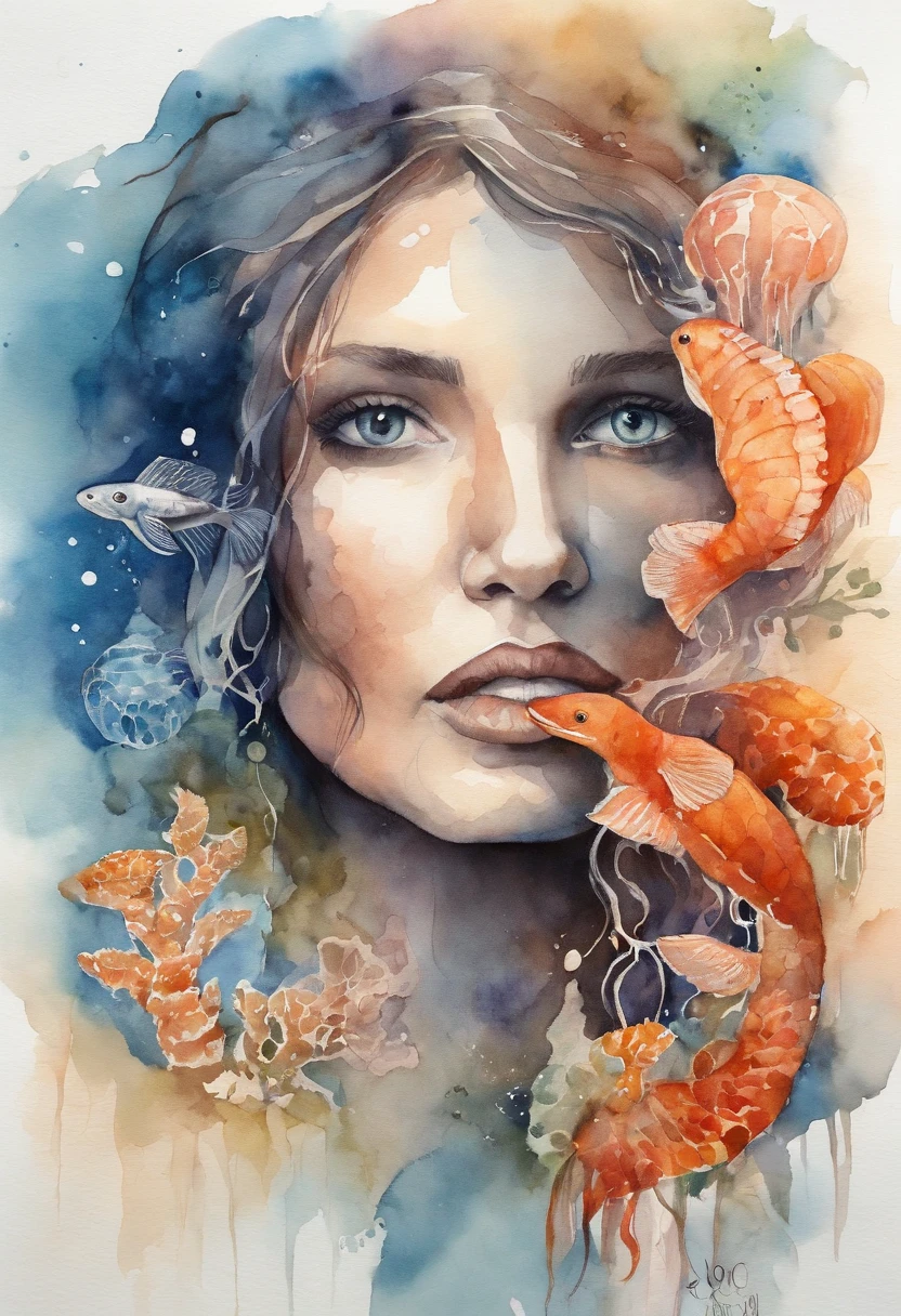 ((masterpiece,best quality)),(negative space:1.2),(1girl, solo:1.4),beautiful detailed eyes,floating hair, underwater, bubble, fish, (jellyfish), fluorescence,sea turtle, seaweed,