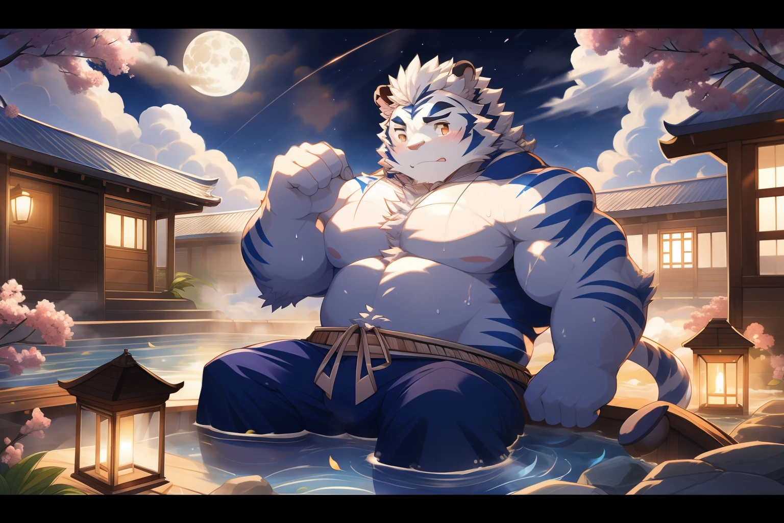 tmasterpiece,the night,Anthropomorphic white tiger,male people,26 year old,Thick eyebrows,Light blue fur,Strong body,large pecs,bare full body,Pink milk clusters,White six-foot trousers,medium bulge,Soak in an open-air hot spring,vapour,sweat leggs,Mysterious Expression,looking toward the viewer,Golden pupils,Strong,Solo,frontage,Full body photo,A huge full moon in the sky,Auspicious clouds,green plant,blossoms,lanterns