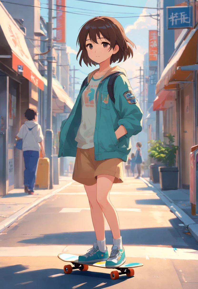 There is a young girl standing on a skateboard on the street, katelynn mini cute style, She is seen wearing streetwear pieces, ddlers, kiddy big breasts, dressed with long fluent clothes, child, cropped shirt with jacket, Female explorer mini cute girl, kid, inspo, Jacket, Very cute and childlike, Cute young girl, cute huge pockets, young and cute girl