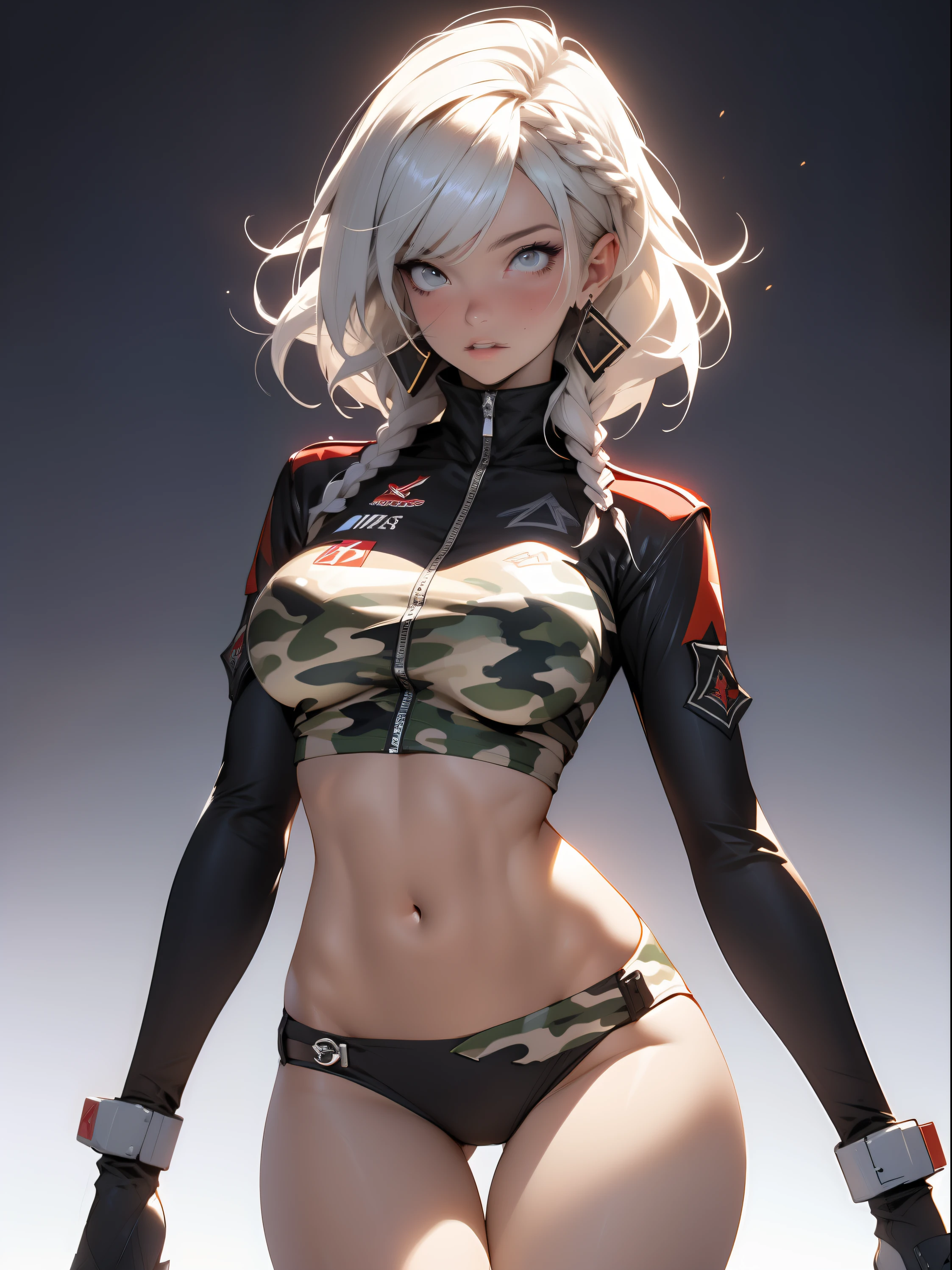 ((Best quality)), ((Masterpiece)), (Detailed: 1.4), (Absurde), A female fighter pilot ready for war in a military bikini, marin, dark skinned, Sculpted body defined, corps entier, Cuisses nues, mouth closed,  Cyberpunk, half-naked, generous neckline, ((Perfect huge breasts)), (Yeux bleu clair super clairs sans pupilles), (((Bikini camouflage militaire)), camo bikini, (((cheveux blancs avec tresse)))), longs cils maquillage lourd, porte-jarretelles, jumeler beaucoup, niji --V5, close to real, psychopathe, visage parfait, sexy pose, robot background, 2 piece clothes, cake, centered, scale to suit dimensions, Hdr (High Dynamic Range),Ray Tracing, NVIDIA RTX,Super-Resolution,Unreal 5,Dispersion souterraine, PBR Texture, Post-traitement, Filtrage anisotrope, profondeur de champ, Maximum Clarity and Sharpness, Textures multicouches, Albedo and specular maps, Ombrage de surface, Accurate Simulation of Light-Material Interaction, Proportions parfaites, Rendu octane, two tone lighting, Grande ouverture, ISO faible, Balance des blancs, Rule of Thirds, 8K RAW, Crysisnanosuit Bikini, thigh gap, belles hanches,  slender thighs, show knees