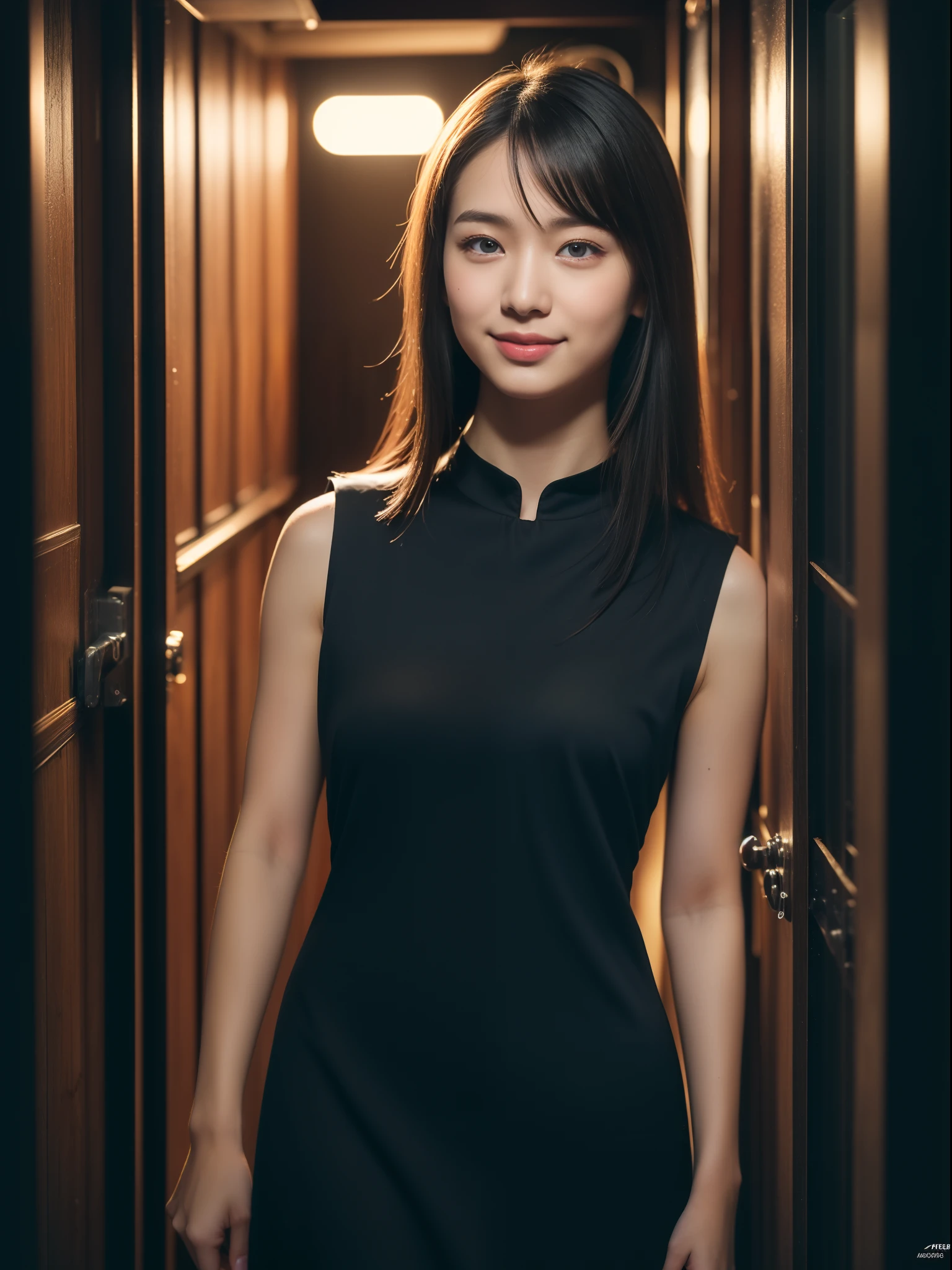 (Raw photo:1.2), (Photorealsitic:1.4), huge filesize, hight resolution, ighly detailed, top-quality, (​masterpiece:1.6),(Hyper-realistic: 1.4), ighly detailed, nffsw, finely detail, top-quality, 8k wallpaper,People with Japan,((Girl with clear white skin)),17 age、FULL BODYSHOT、((bulky figure:1.3, Huge frame:1.3, thick neck:1.3, Sturdy arms:1.3, powerful legs:1.3))、((Lori face:1.2))、Narrow eyes, cute  face, Narrow eyes,((A smile))、((Sauvage、One-length))、((((Sleeveless Black Body Con Dress:1.3))))、((Stand at the end of a narrow alley in the middle of the night、A big city lined with neon-lit Western-style izakayas))、 (Realistic: 1.3), (Smooth lighting: 1.05), (Improved cinematic lighting: 0.9), Realistic lighting, Backlight, Face Light, raytrace, (Whitening light: 1.2), ( Top quality real skins: 1.4),  (Body Line Mood Increase:1.1),  (Skin Texture Enhancement Beauty:1.1),