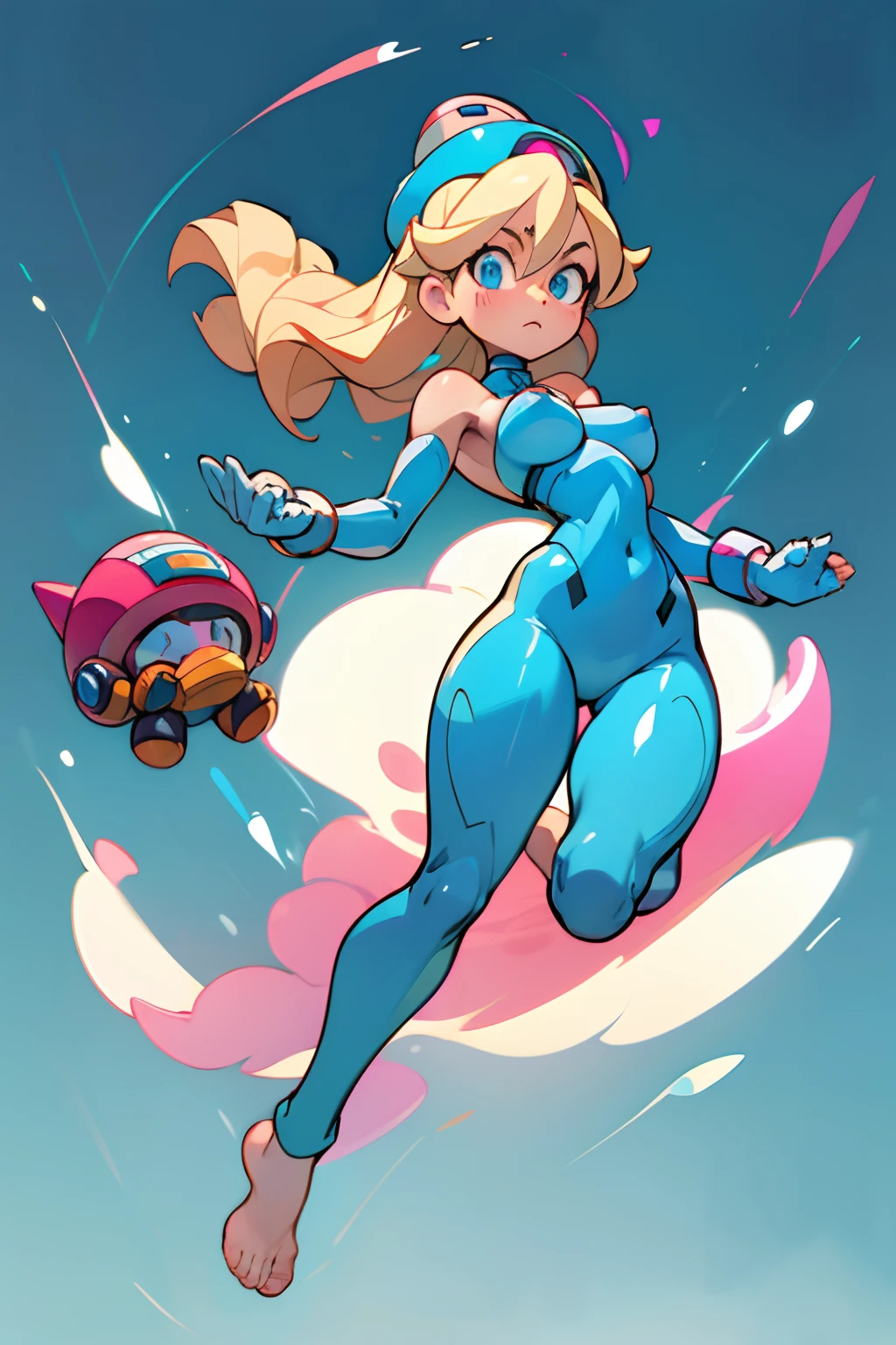 (masterpiece), best quality, expressive eyes, perfect face, long wavy blonde hair, blue eyes, full cyan bodysuit, blue gloves, mega man art style, blue and pink helmet, big breasts, blue thong, full body, transparent background, no shoes, bare feet, naked feet, beautiful feet, perfect feet, beautiful toes, perfect toes, full body view of barefooted blonde female megaman running in a platform, front view, action pose, thick thighs, thigh gap, cameltoe, big breasts, hard nipples, perky tits,