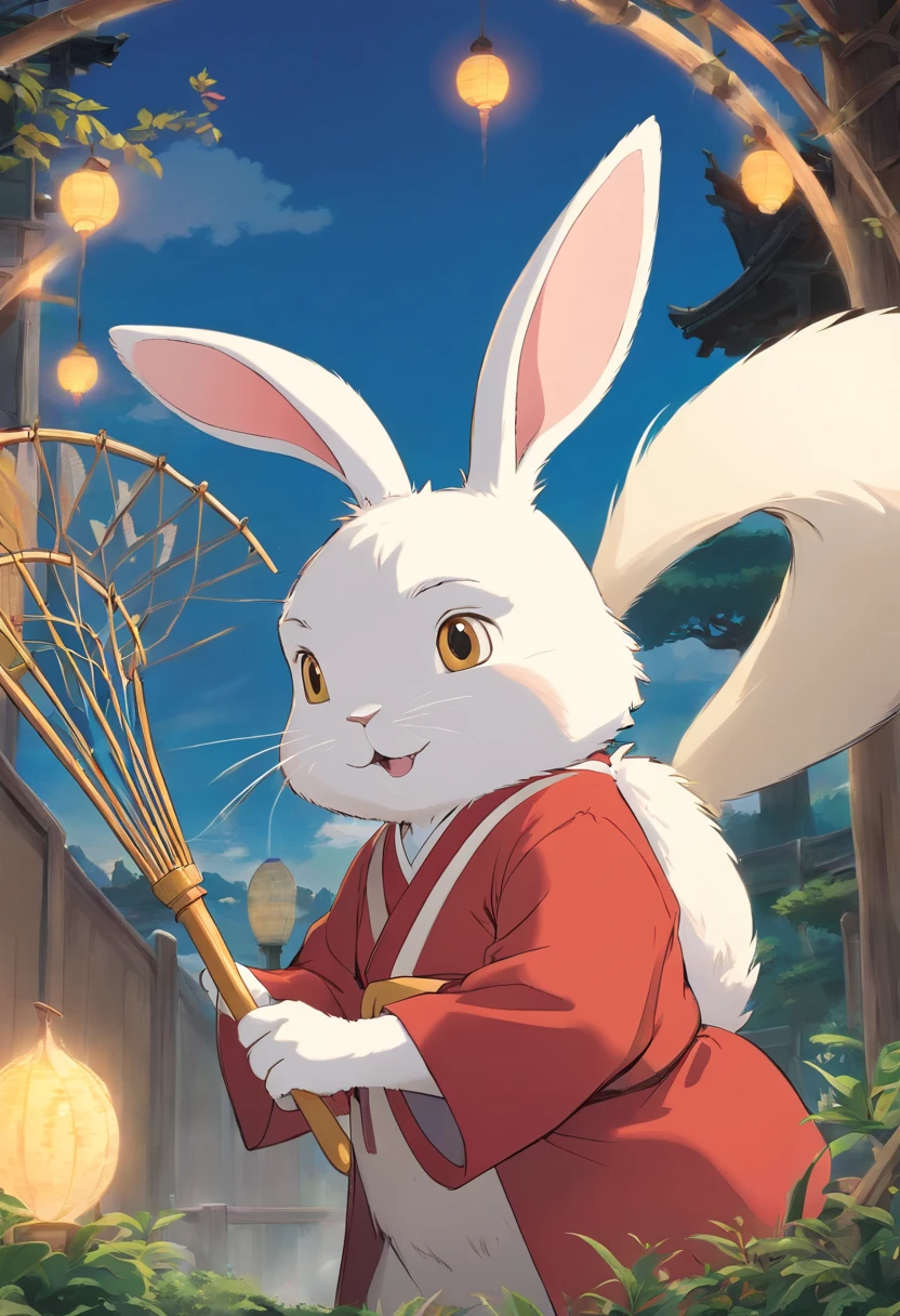 There is a rabbit，Chinese round fan in hand, Rabbit, A rabbit, White rabbit, Rabbit_Bunny,, anthropomorphic rabbit, the white rabbit, With a fan, Rabbit ears, inspired by Kanbun Master, in style of hayao miyazaki, rabbit face only, studio ghibli filter, edgBunny_Character