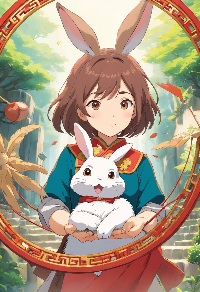 There is a rabbit，Chinese round fan in hand, Rabbit, A rabbit, White rabbit, Rabbit_Bunny,, anthropomorphic rabbit, the white rabbit, With a fan, Rabbit ears, inspired by Kanbun Master, in style of hayao miyazaki, rabbit face only, studio ghibli filter, edgBunny_Character