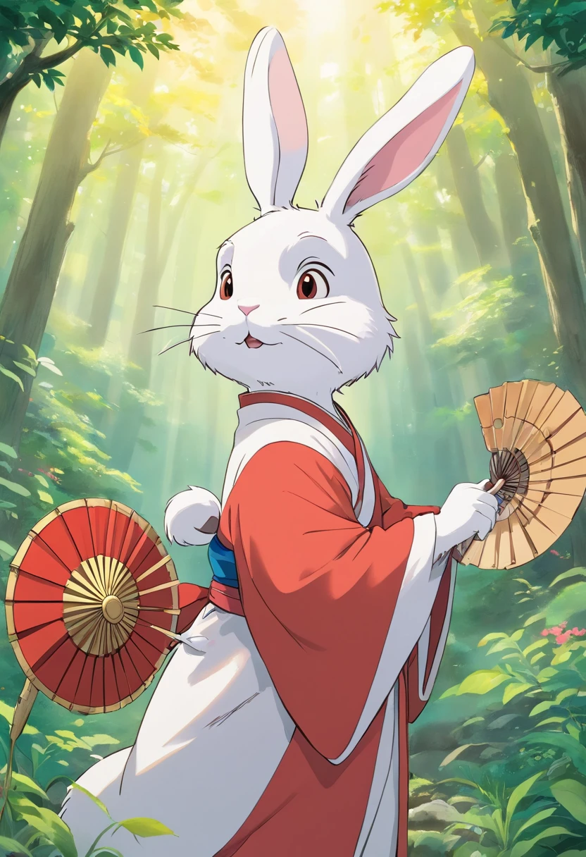 There is a rabbit，Chinese round fan in hand, Rabbit, A rabbit, White rabbit, Rabbit_Bunny,, anthropomorphic rabbit, the white rabbit, With a fan, Rabbit ears, inspired by Kanbun Master, in style of hayao miyazaki, rabbit face only, studio ghibli filter, edgBunny_Character