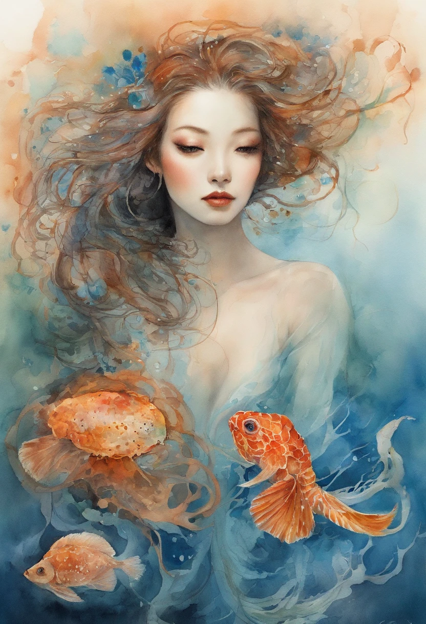 ((masterpiece、top-quality))、(negative space:1.2)、(Japan Girl、独奏:1.4)、beatiful detailed eyes、Hair floating in water、女優、Satomi Ishihara、under the water、foam、Scorpion fish、(jellyfish)、Fantastic colors、sea turtle、sea weed、