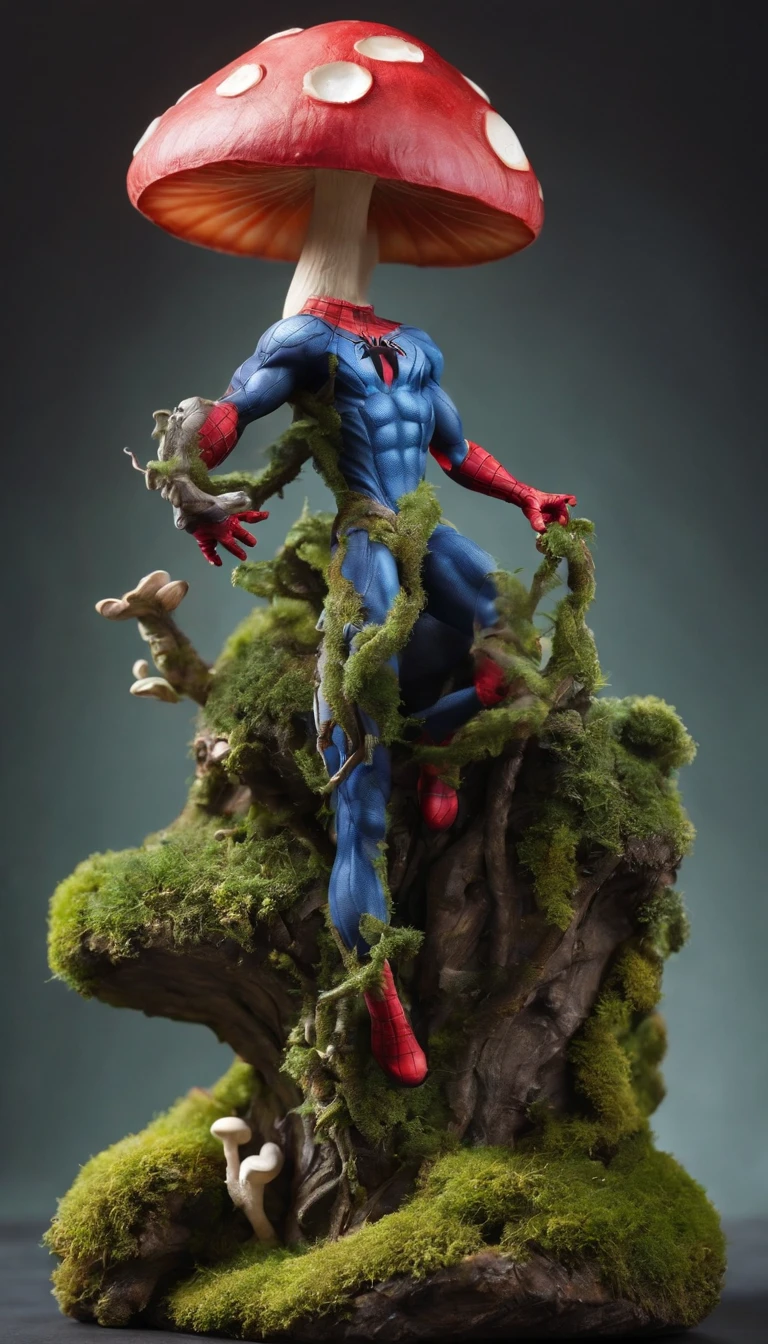 ((top-quality))、((tmasterpiece))、((Full body photo of anthropomorphic Spiderman mushroom))、((very simple background))、Mushroom anthropomorphic spiderman、(Moss and mushrooms merge with the body,)、luminous body、Beastman、Ornaments with mushroom motifs、独奏、Fighting posture