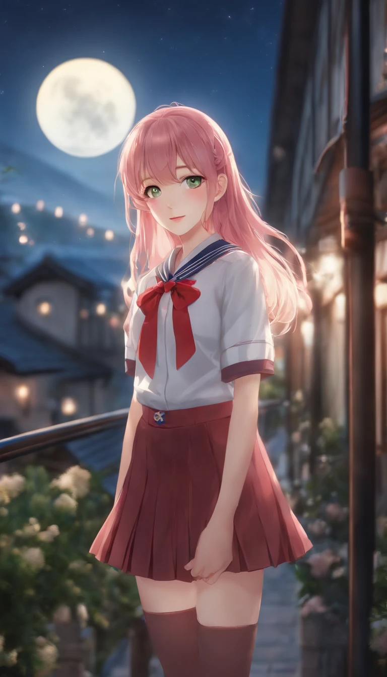 (((Masterpiece: 1.5, Best Quality, High Resolution: 1.3, Super Resolution, Super Detail, Super Detail: 1.3, Rich Background: 1.2))), 1 Girl, Solo, Green Eyes, Long Pink Hair with Blue Ribbon, Blunt Bangs, Cute Hairpin, School Uniform, White Serafon, Red Sailor Collar, Short Sleeves, Blue Pleated Skirt, (Outdoor), ((Downtown), (Crowd), ((Japanese Vibe: 1.3)), Landscape, ((Night)), Darkness, (Low Light: 1.1), Moon, (Moonlight: 1.2), ((Dynamic Light: 1.4)), ((Head Close-up))))))