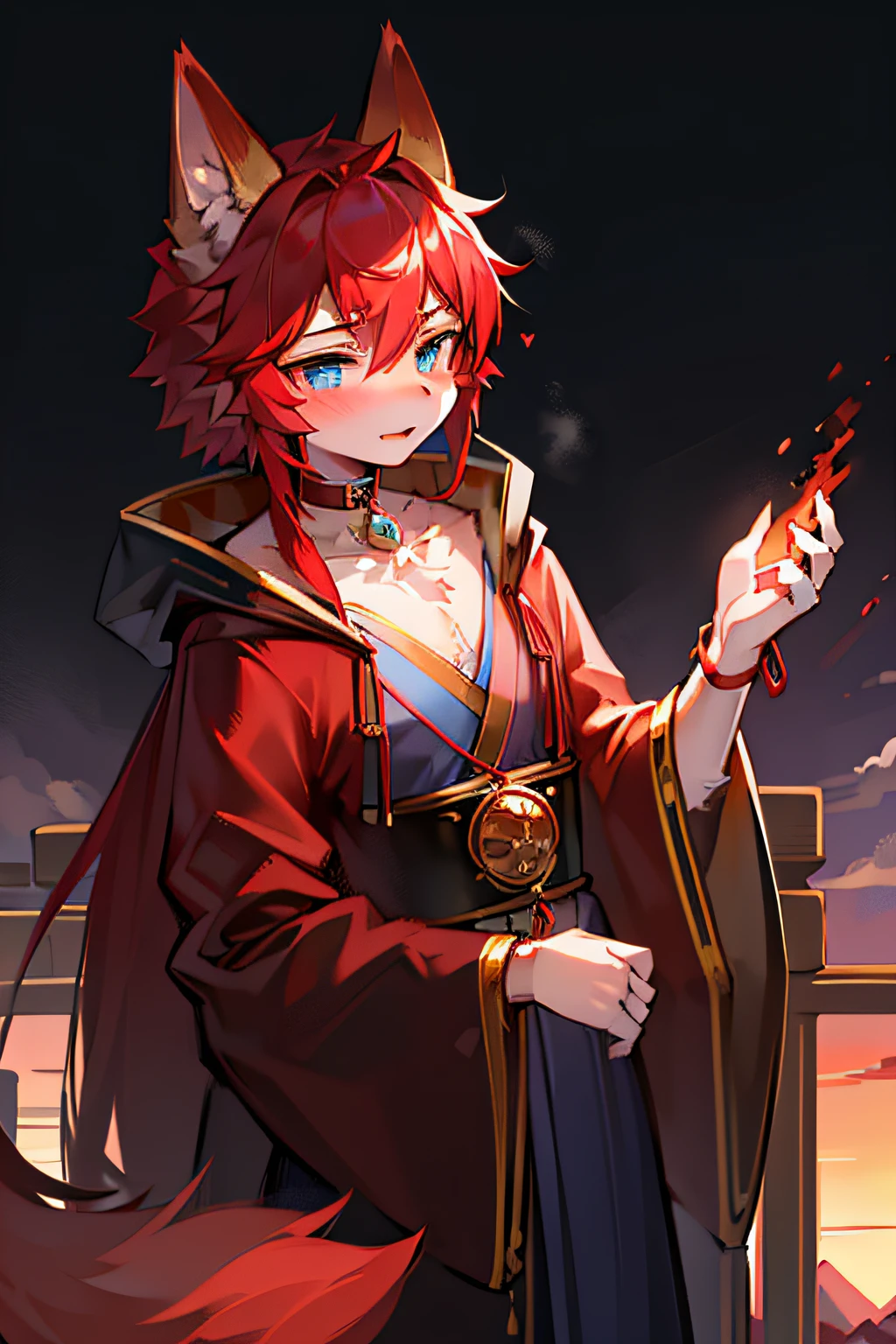 schoolboy，red fox，Chinese，is shy，Red hair，Cloudy red streaks，Hanfu，China-style，robe，longer sleeves，ventania，Long coat，Wrist watch，Blue vertical pupils，blue color eyes，choker necklace，Look sideways，（Background with）Sunset Changting Muqiao Mountain