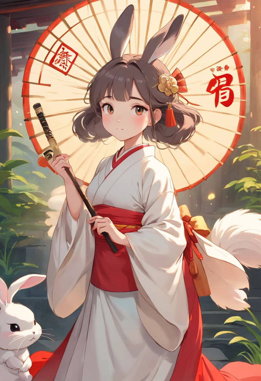 There is a rabbit,Chinese round fan in hand, Rabbit, A rabbit, White rabbit, Rabbit_Bunny,, anthropomorphic rabbit, the white rabbit, With a fan, Rabbit ears, A rabbit in Hanfu, Wearing ancient Chinese clothes, White Hanfu, Traditional Chinese clothing, with acient chinese clothes, full-body xianxia, Chinese style, Chinese costume, inspired by Gu An, Princesa chinesa antiga, 8K))inspired by Kanbun Master, in style of hayao miyazaki, rabbit face only, studio ghibli filter, edgBunny_Character