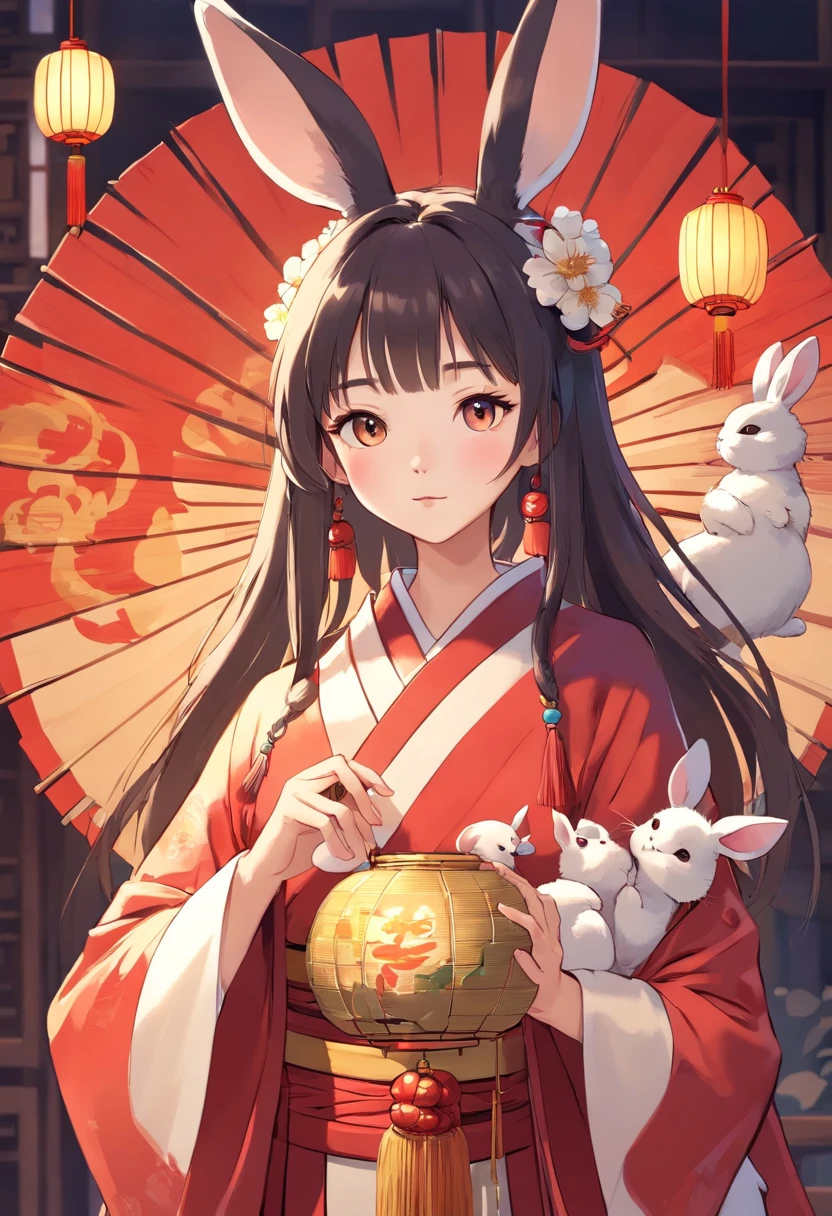 There is a rabbit,Chinese round fan in hand, Rabbit, A rabbit, White rabbit, Rabbit_Bunny,, anthropomorphic rabbit, the white rabbit, With a fan, Rabbit ears, A rabbit in Hanfu, Wearing ancient Chinese clothes, White Hanfu, Traditional Chinese clothing, with acient chinese clothes, full-body xianxia, Chinese style, Chinese costume, inspired by Gu An, Princesa chinesa antiga, 8K))inspired by Kanbun Master, in style of hayao miyazaki, rabbit face only, studio ghibli filter, edgBunny_Character