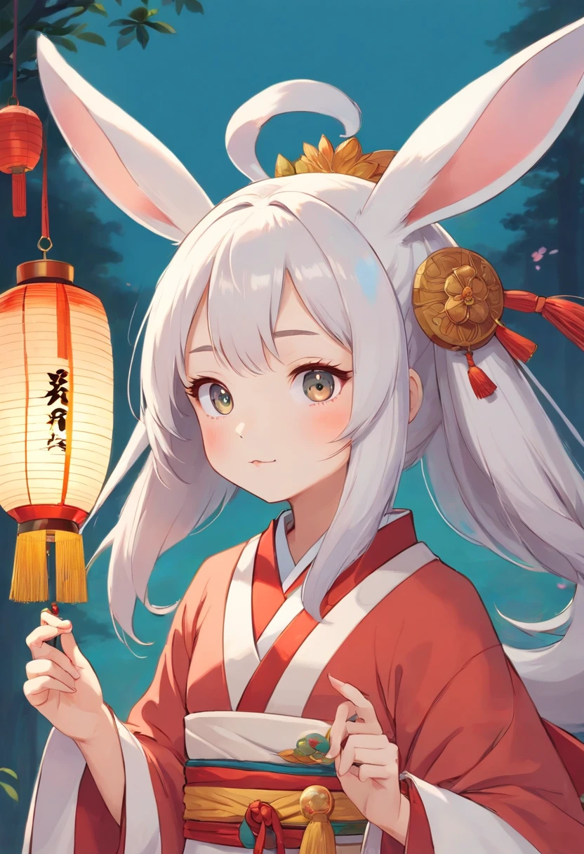 There is a rabbit，Chinese round fan in hand, Rabbit, A rabbit, White rabbit, Rabbit_Bunny,, anthropomorphic rabbit, the white rabbit, With a fan, Rabbit ears, A rabbit in Hanfu, Wearing ancient Chinese clothes, White Hanfu, Traditional Chinese clothing, with acient chinese clothes, full-body xianxia, Chinese style, Chinese costume, inspired by Gu An, Princesa chinesa antiga, 8K))inspired by Kanbun Master, in style of hayao miyazaki, rabbit face only, studio ghibli filter, edgBunny_Character