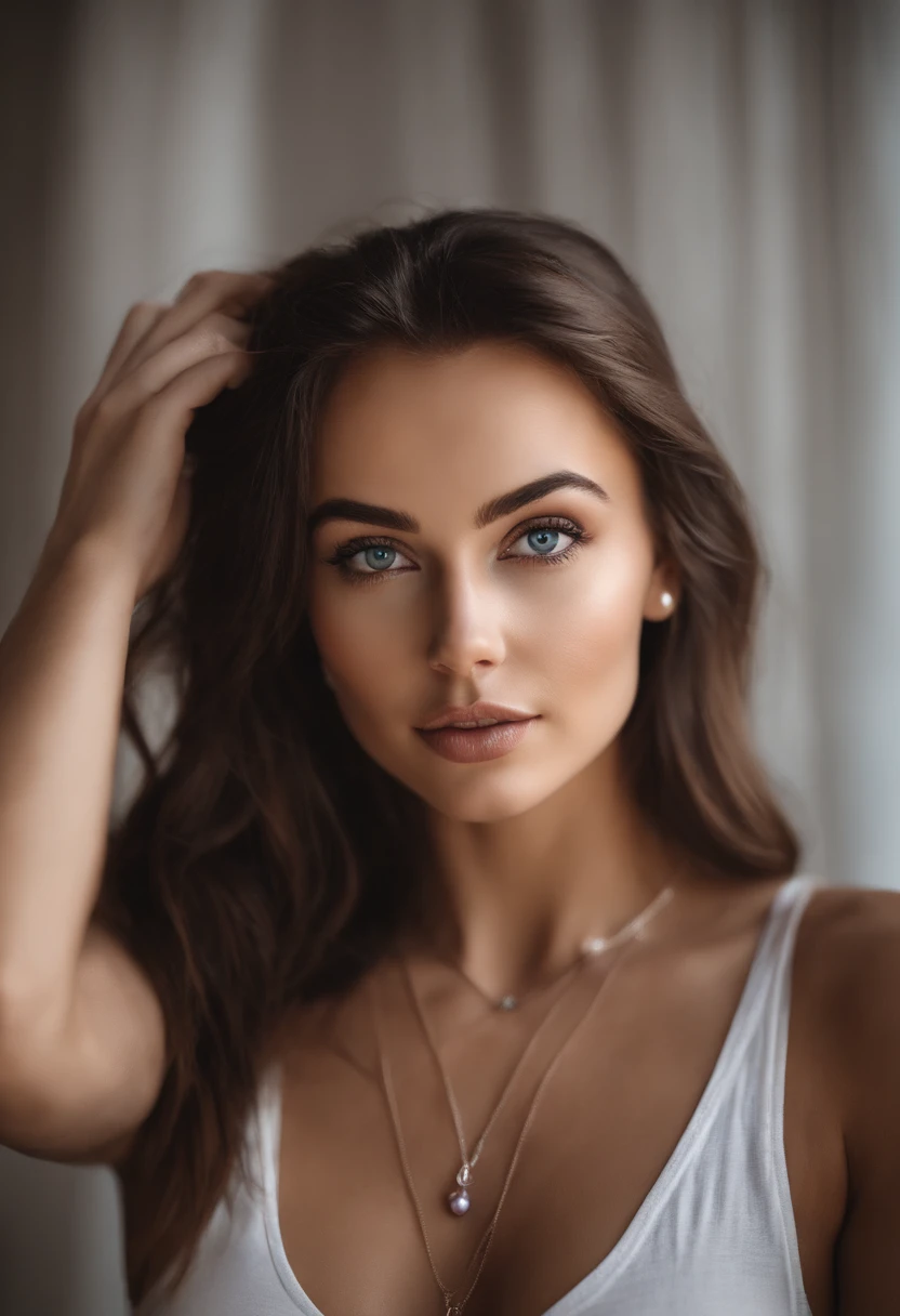 Arafed woman with a white tank top and necklace, fille sexy aux yeux bleus, Portrait Sophie Mudd, cheveux bruns et grands yeux, selfie of a young woman, Yeux de chambre, Violet Myers, sans maquillage, maquillage naturel, looking straight at camera, Visage avec Artgram, Maquillage subtil, Superbe photo du corps entier, Piercing blue eyes, Bel angle, pose attrayante, fille mignonne, sexy pose, Image du corps entier, corps entier, Prise de vue du corps entier, brunette goddess, High detail, pose satisfaite, Pantalon en cuir