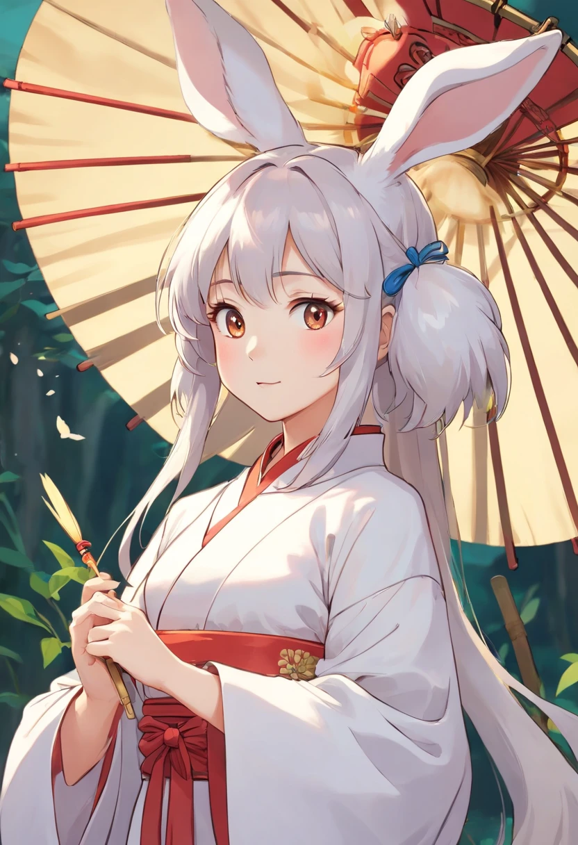 There is a rabbit,Chinese round fan in hand, Rabbit, A rabbit, White rabbit, Rabbit_Bunny,, anthropomorphic rabbit, the white rabbit, With a fan, Rabbit ears, Rabbit in Hanfu, Rabbit in ancient Chinese clothes, The rabbit in white Hanfu, Traditional Chinese clothing, with acient chinese clothes, full-body xianxia, Chinese style, Chinese costume, 8K))inspired by Kanbun Master, in style of hayao miyazaki, rabbit face only, studio ghibli filter, edgBunny_Character