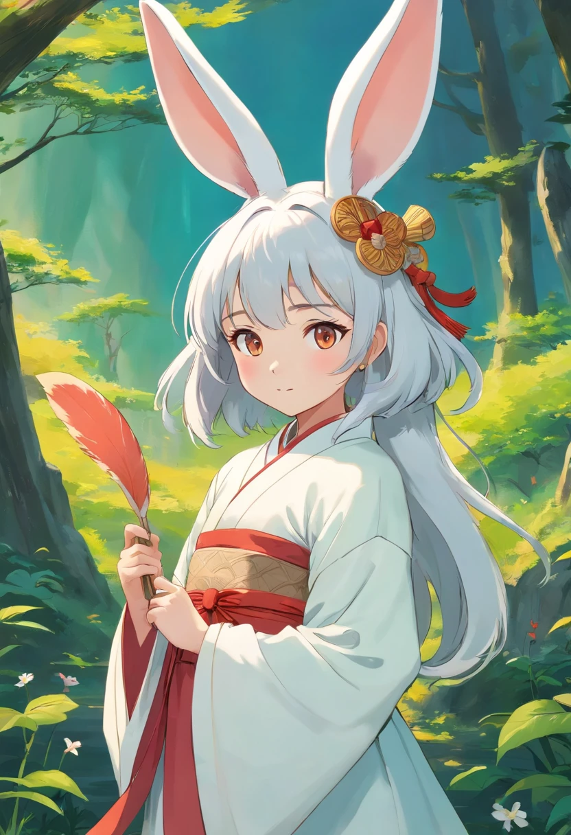 There is a rabbit，Chinese round fan in hand, Rabbit, A rabbit, White rabbit, Rabbit_Bunny,, anthropomorphic rabbit, the white rabbit, With a fan, Rabbit ears, Rabbit in Hanfu, Rabbit in ancient Chinese clothes, The rabbit in white Hanfu, Traditional Chinese clothing, with acient chinese clothes, full-body xianxia, Chinese style, Chinese costume, 8K))inspired by Kanbun Master, in style of hayao miyazaki, rabbit face only, studio ghibli filter, edgBunny_Character