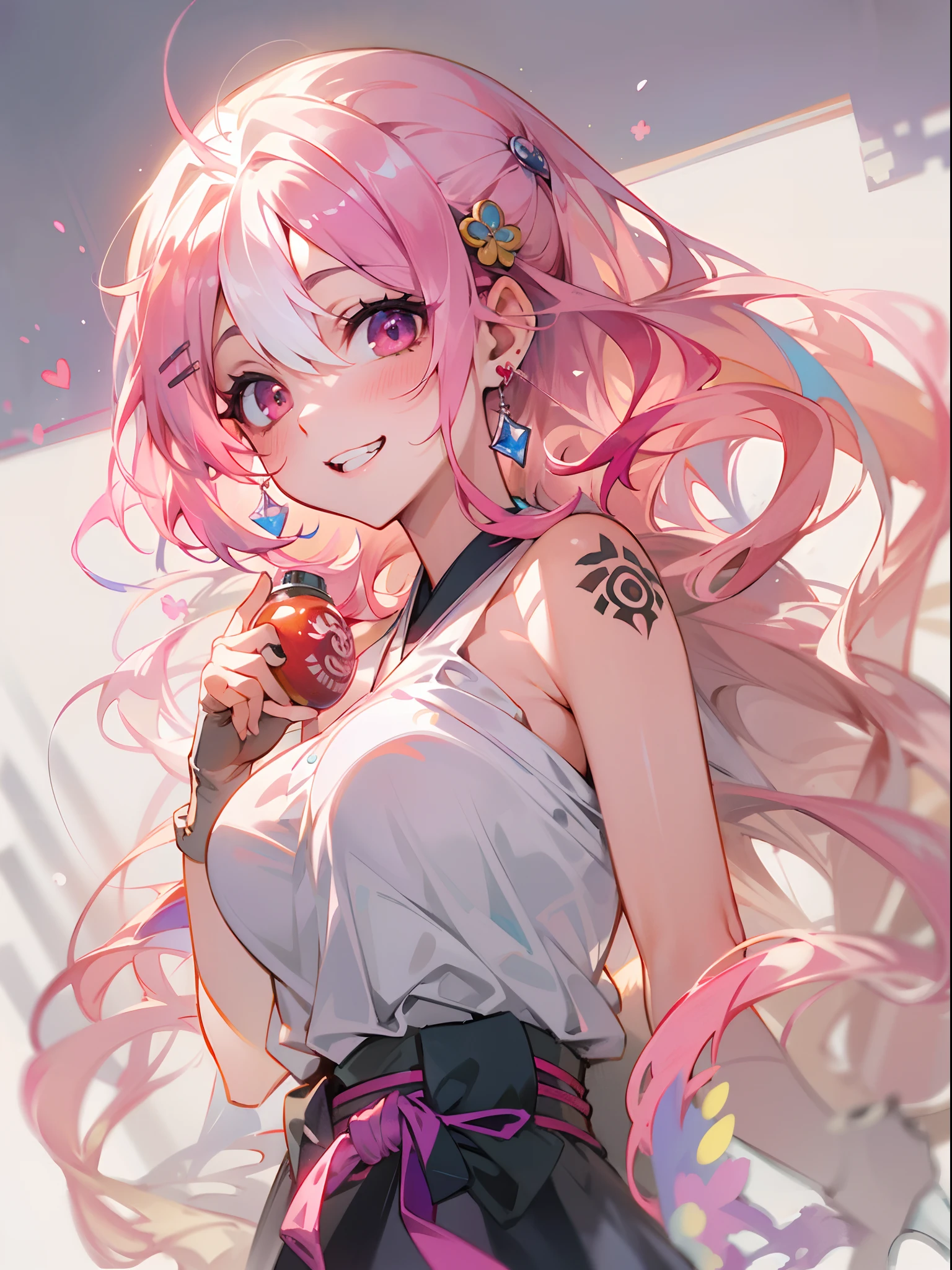 ((Best quality, 8K, Masterpiece: 1.4)),((Amazing detail: 1.3)),((illustration,large breasts: 1.2)),((High resolution1.1)),1girll,aquarelle,Watercolor painting,Colorful,bubble head,Pink hair,kawaii,poison fangs, grin, Multicolored eyes, Gradient eyes, Heart earrings, hair pin, Depth of field, angle of view, From above, Delicate,Japanese anime,