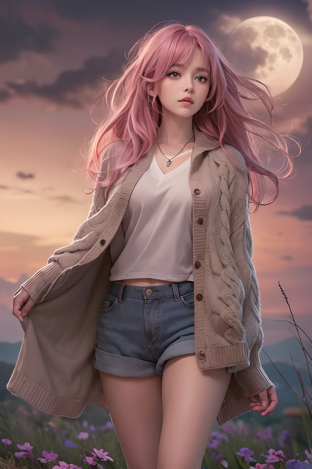 Masterpiece, Best quality, full_Moon, hilltop, Realistic, Real, Huge_filesize, the wallpaper, Girl, Medium hair, Pink hair, Disheveled hair, Beautiful detailed eyes, Medium breasts, shirt, Brown cardigan , Cape, Cardigan, Short shorts, thongs,