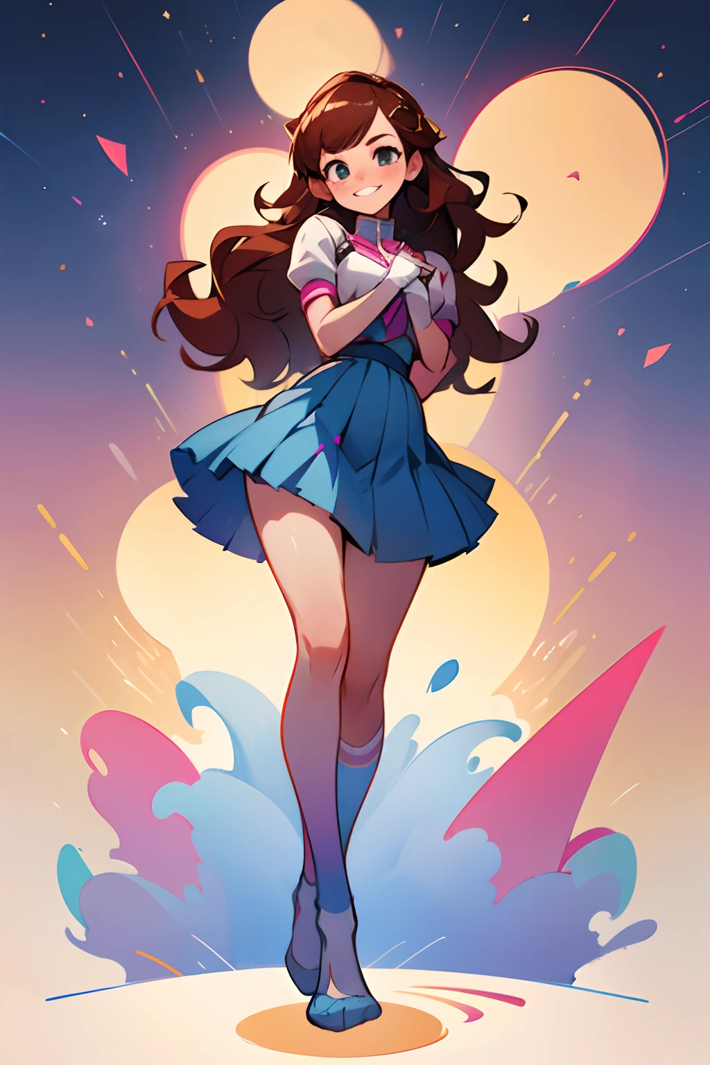 full body view of D.VA from overwatch in her classic blue and pink textile full body uniform standing still looking at viewer, adult Emma Watson, slim body, long wavy brown red floating hair, bangs, cute smile, shy grin, Full body, Perfect composition golden ratio, masterpiece, best quality, 4k, sharp focus, perfect ???????, no shoes, beautiful feet, full body, full body shot, 1girl,