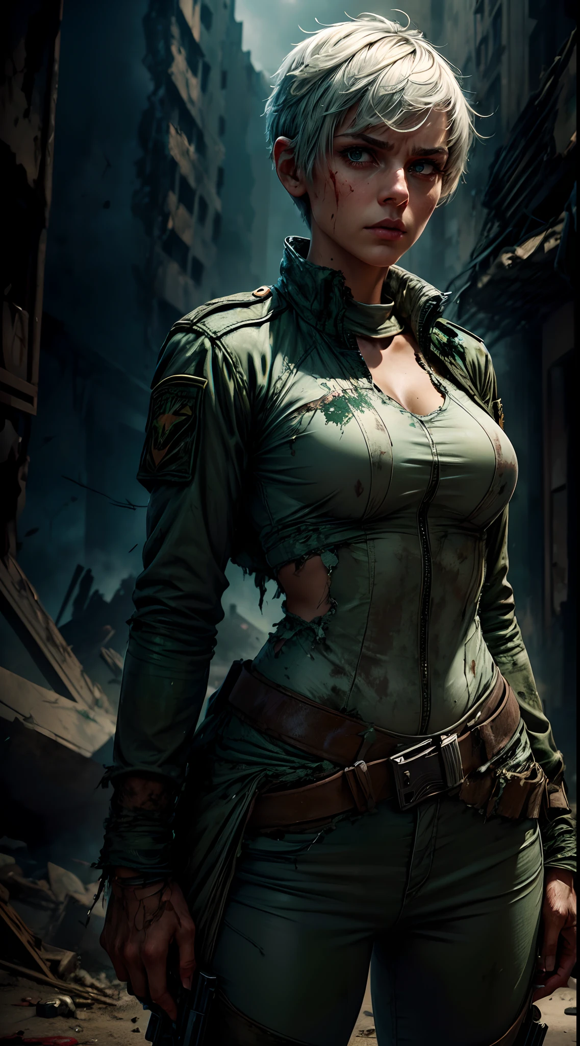 Tia is shown to have a fairly slender figure. She has white-grey hair , she has short hair and large pale green eyes, wearing a very torn military uniform inside a very destroyed city holding an AKM in her hands. Blood covers her clothes and body.  She shows signs of sadness, fear and strength.  Ultra HD quality, lots of realistic details